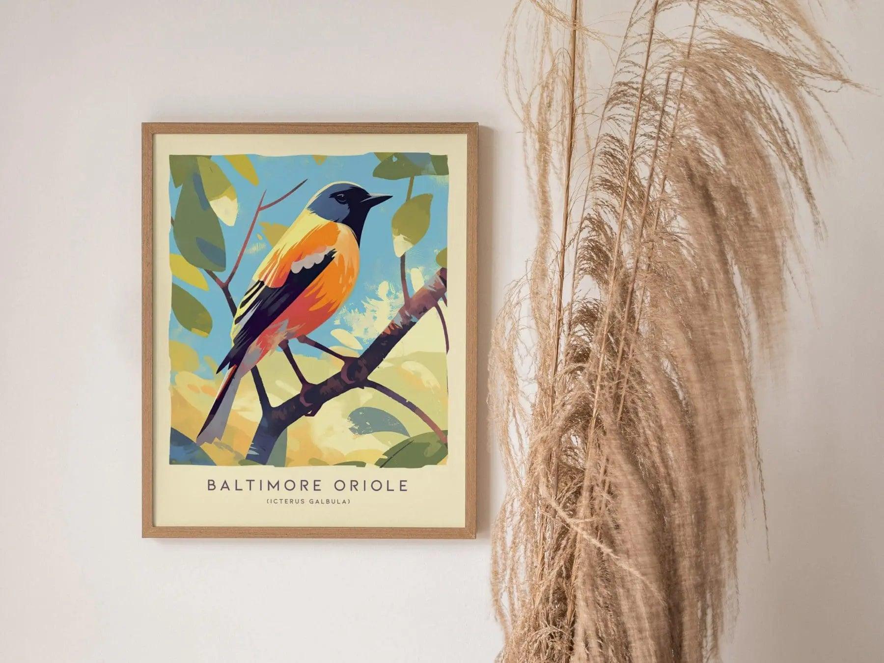 Baltimore Oriole Songbird Modern Framed Wall Art, Cottagecore Minimal Nature Wildlife Poster, Audubon Farm Decor Travel Print Birder Gift - Swell Scenes
