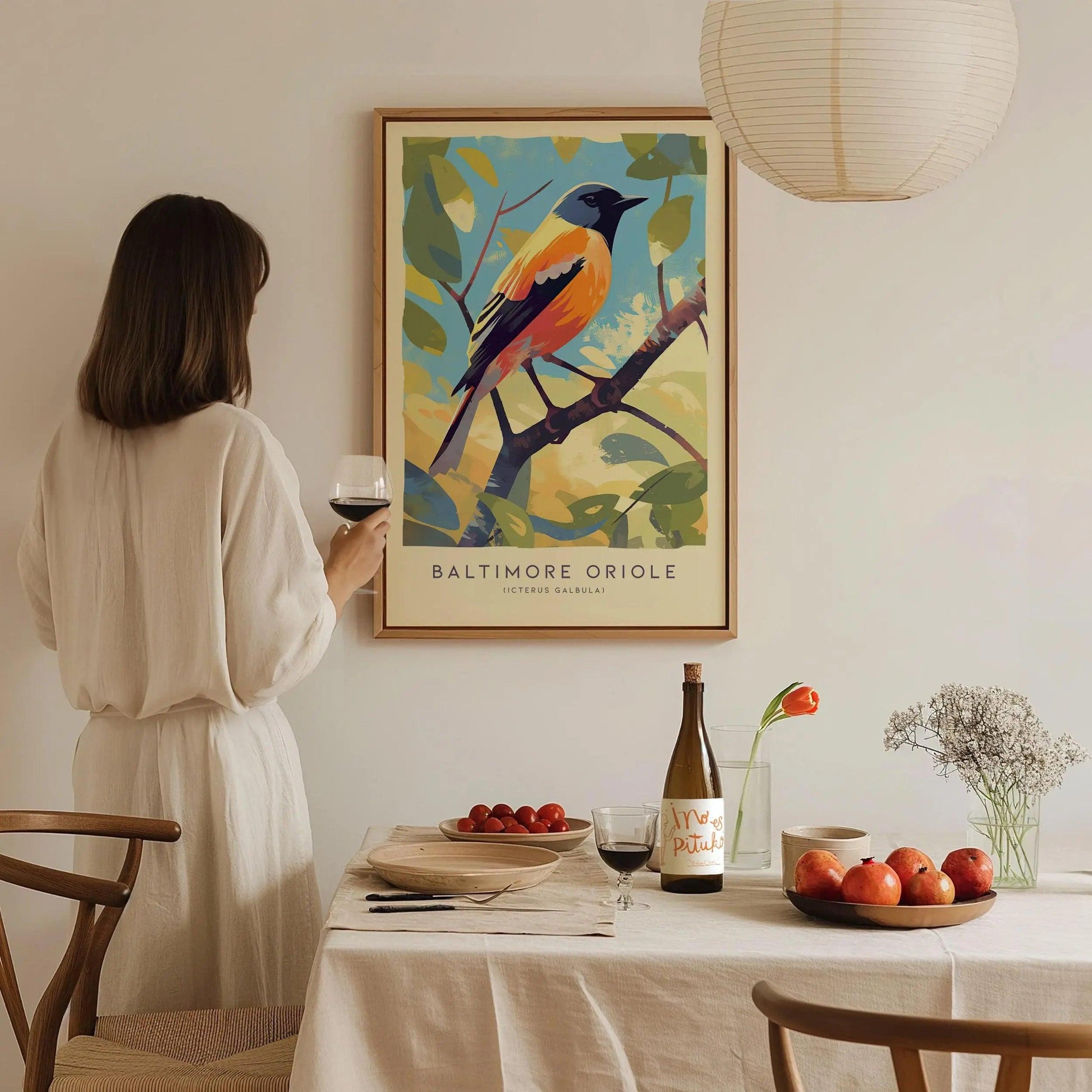 Baltimore Oriole Songbird Modern Framed Wall Art, Cottagecore Minimal Nature Wildlife Poster, Audubon Farm Decor Travel Print Birder Gift - Swell Scenes
