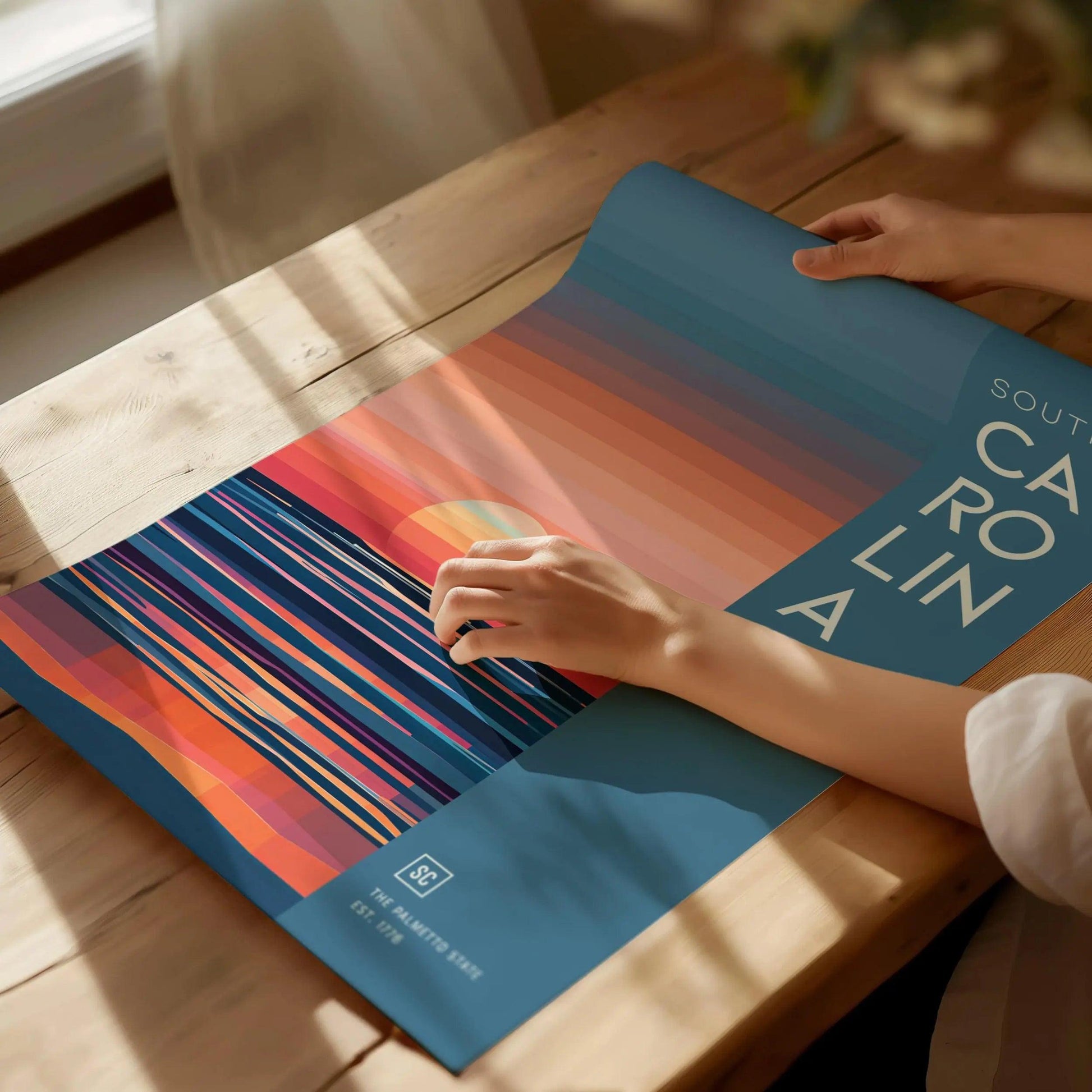 South Carolina, The Palmetto State Sunrise Poster - Abstract Landscape, Available Framed/Unframed, Perfect for Modern and Farmhouse Decor - Swell Scenes