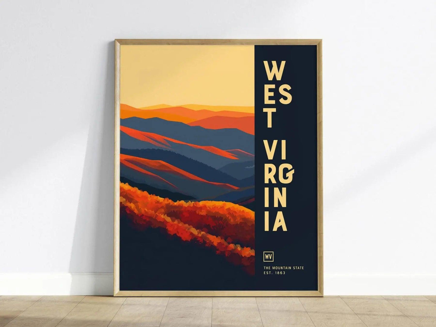 West Virginia poster in black wood frame showing modern minimalist mountain landscape and rolling hills abstract design