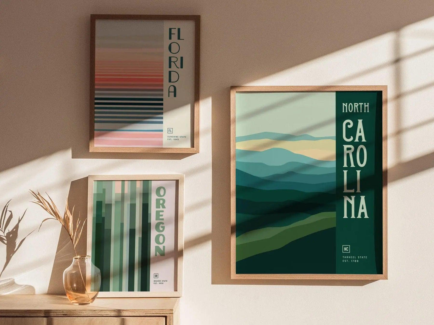 North Carolina Minimalist Design Framed Wall Art, Tarheel State Minimal Abstract Modern Poster, NC Pride Decor US Travel Print Gift Set - Swell Scenes