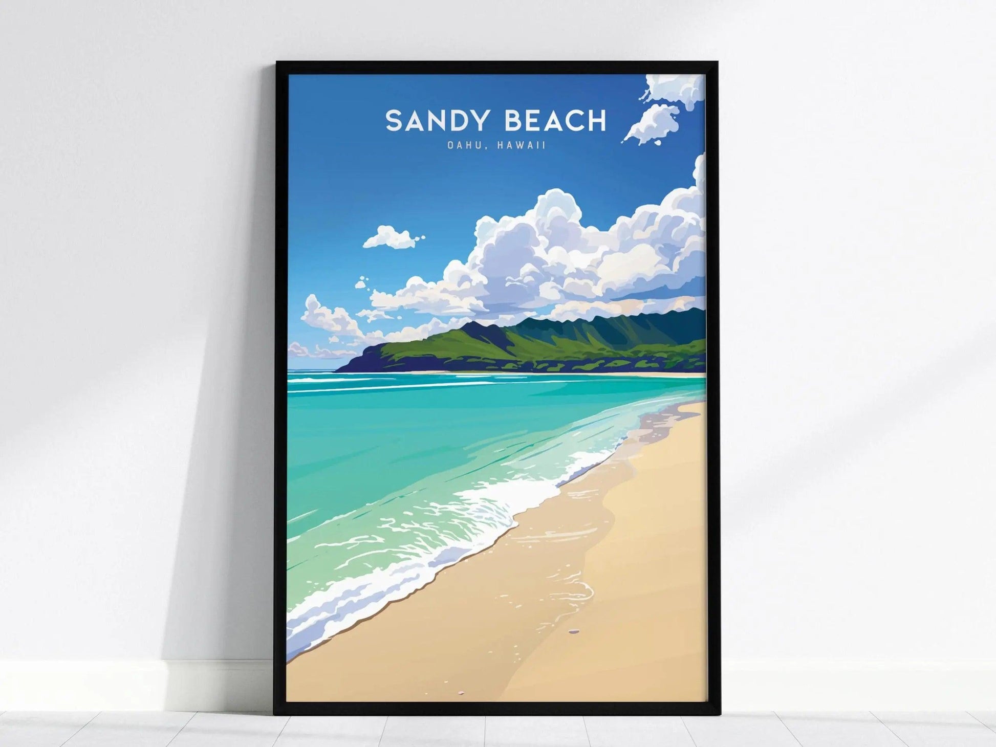 Sandy Beach, Oahu Hawaii Poster - Tropical Paradise Scene, Available Framed/Unframed, Perfect Wedding or Anniversary Gift, Hawaiian Wall Art - Swell Scenes