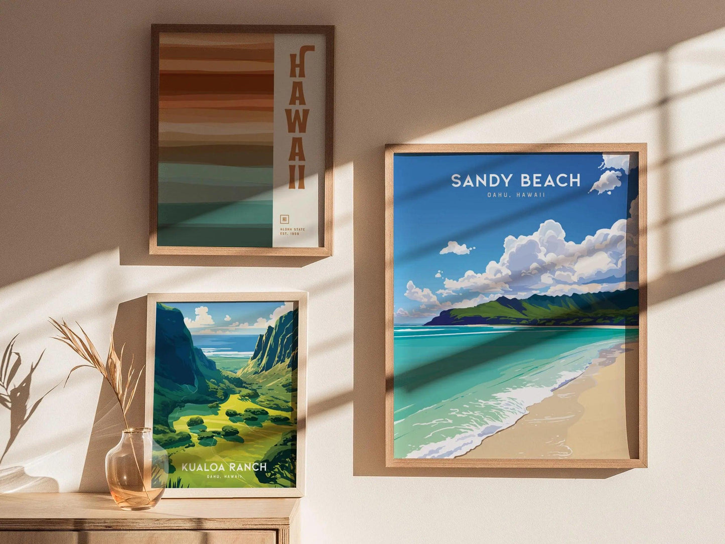 Sandy Beach, Oahu Hawaii Poster - Tropical Paradise Scene, Available Framed/Unframed, Perfect Wedding or Anniversary Gift, Hawaiian Wall Art - Swell Scenes