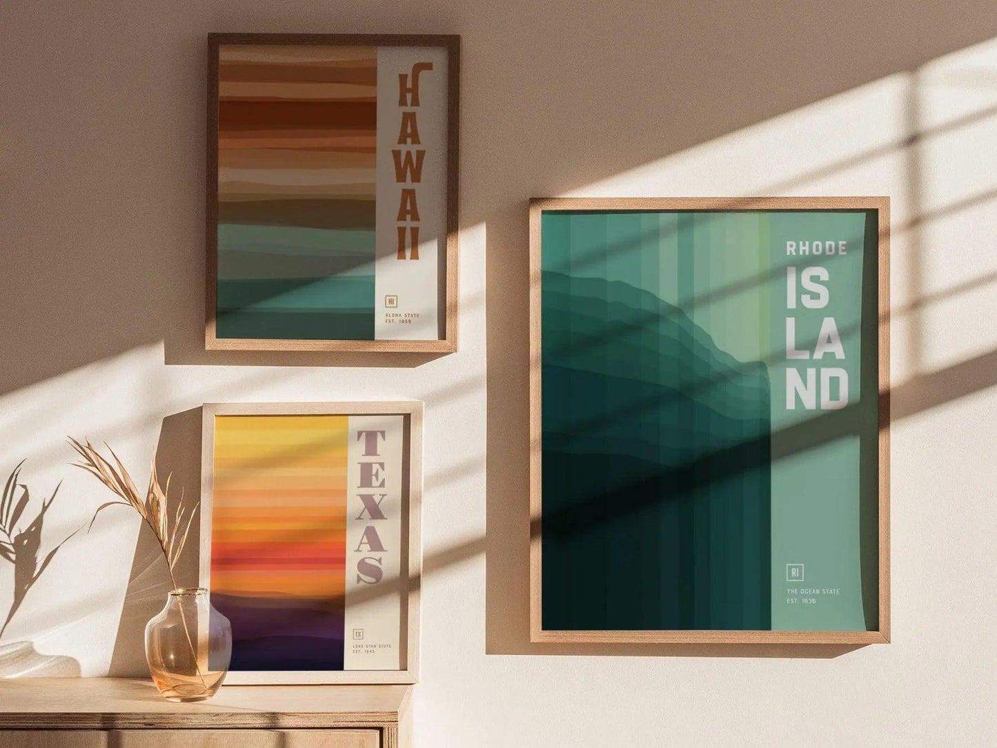 Rhode Island, The Ocean State Poster - Abstract Coastline Design, Framed/Unframed, Ideal for Coastal Home Decor and Modern Farmhouse Decor - Swell Scenes