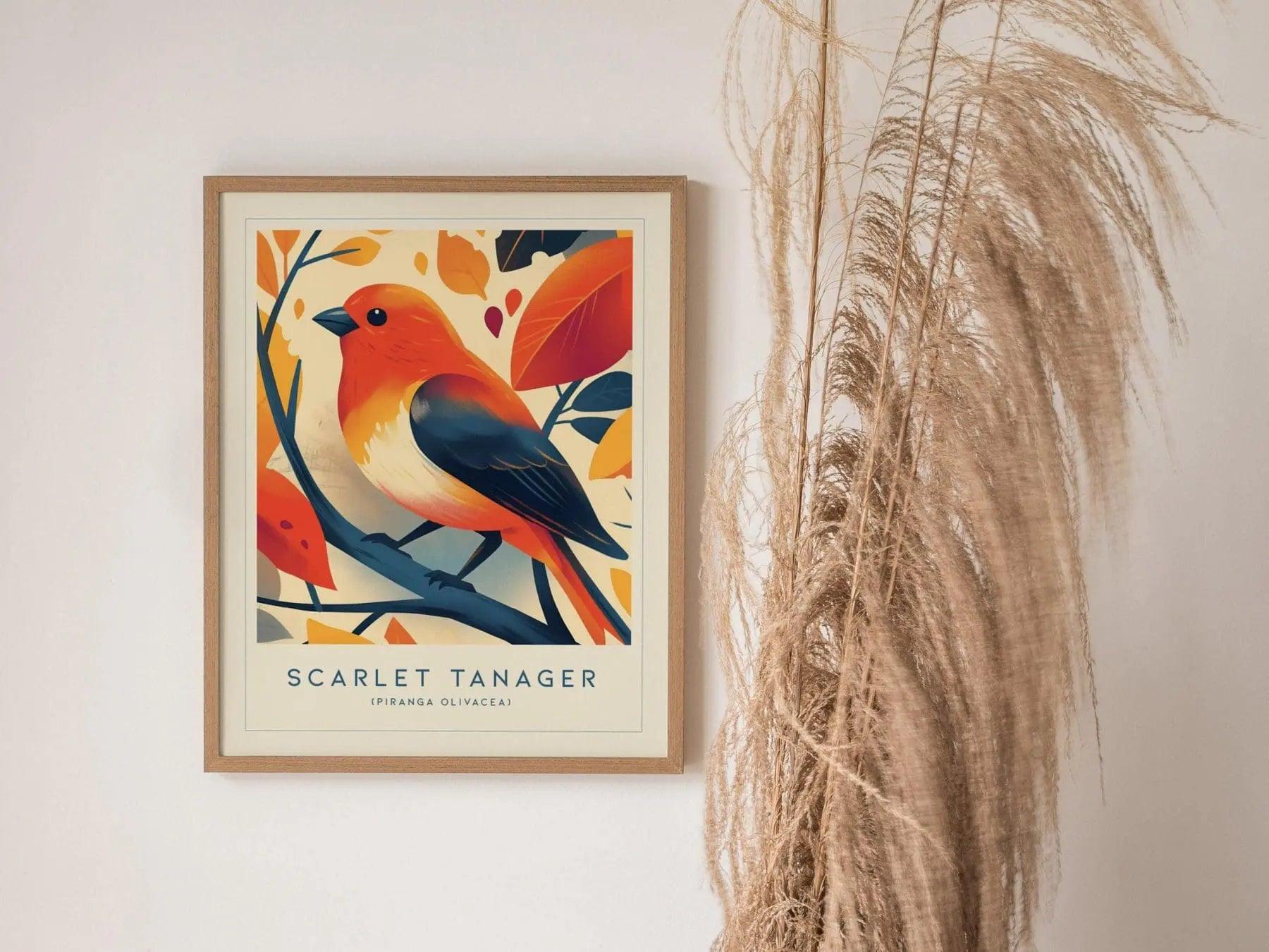 Scarlet Tanager Bird Modern Framed Wall Art | Cottagecore Wildlife Songbird Poster | Audubon Farm House Home Decor Nature Print - Swell Scenes