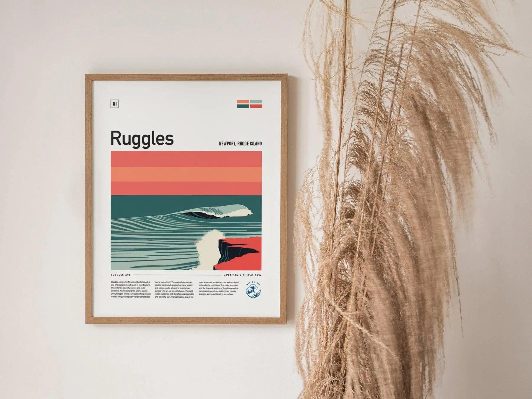 Ruggles Surf Spot Framed Poster, Newport Rhode Island Surfer Wall Art, New England Surf Travel Print, RI Decor Surfing Wave Gift - Swell Scenes