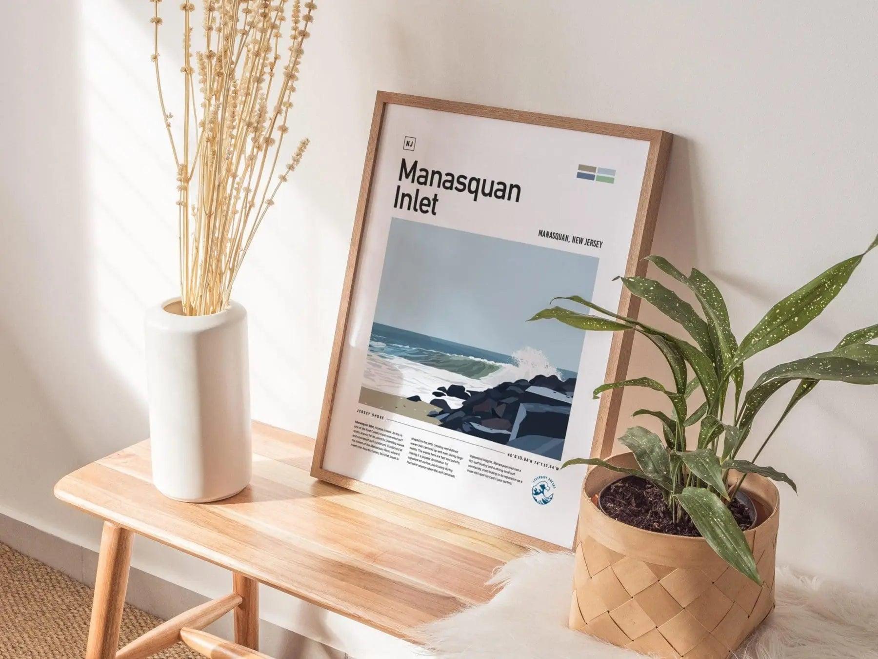 Manasquan Inlet Surf Spot Framed Poster, New Jersey Shore Surfer Wall Art, New England Surf Travel Print, NJ Decor Surfing Wave Gift - Swell Scenes