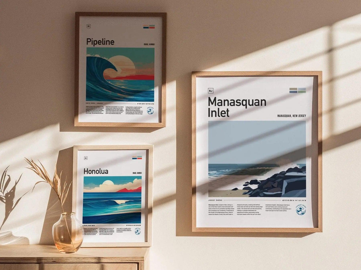 Manasquan Inlet Surf Spot Framed Poster, New Jersey Shore Surfer Wall Art, New England Surf Travel Print, NJ Decor Surfing Wave Gift - Swell Scenes