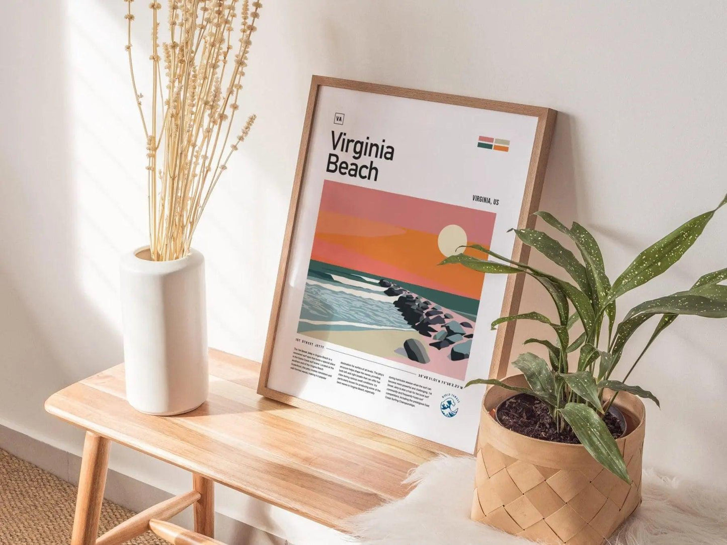 1st Street Jetty VB Surf Spot Framed Poster, Virginia Beach Surfer Wall Art, Vah Beach Surf Travel Print, East Coast Surfing Decor Wave Gift - Swell Scenes