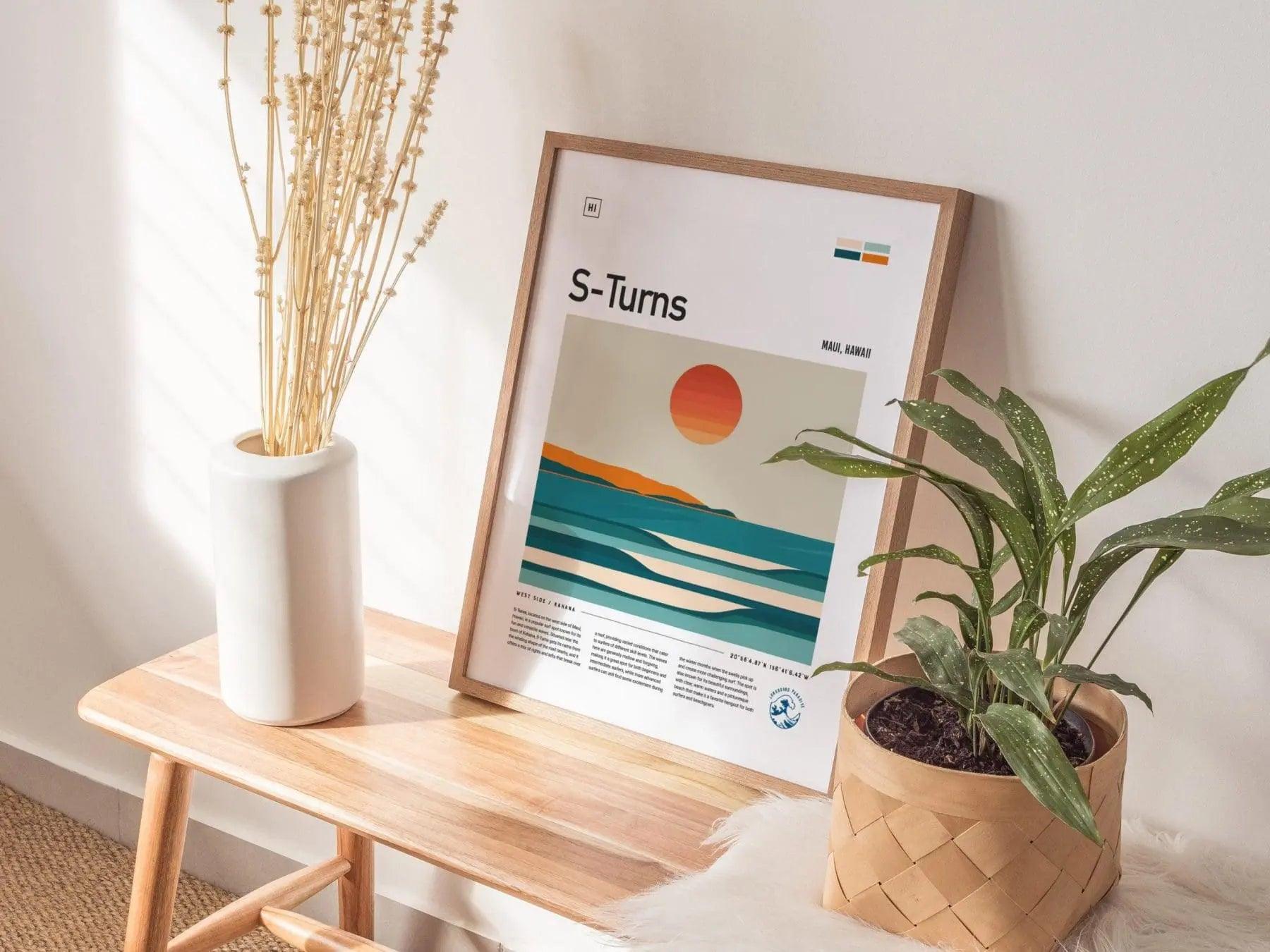 S-Turns Maui Surf Spot Framed Poster, Kahana Beach Travel Print, Hawaii Surfer Home Decor, Longboard Surfing Wave Wall Art Design Gift Set - Swell Scenes