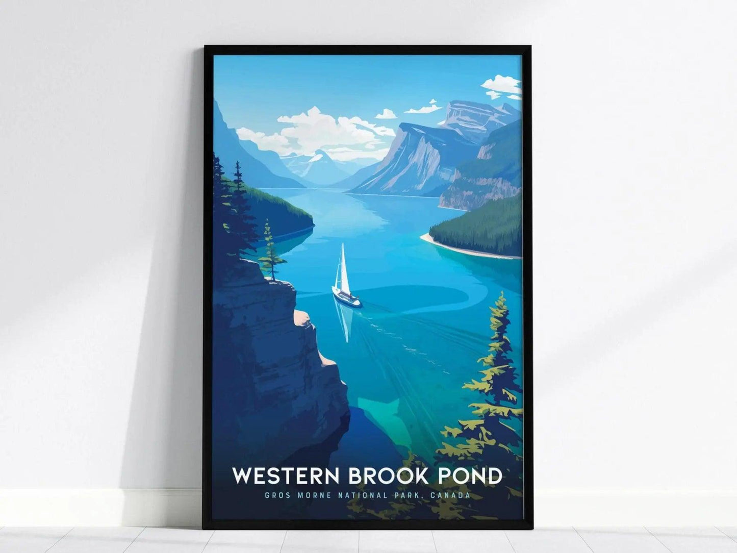 Western Brook Pond poster in black wood frame showing Gros Morne UNESCO World Heritage fjord with sheer cliff walls