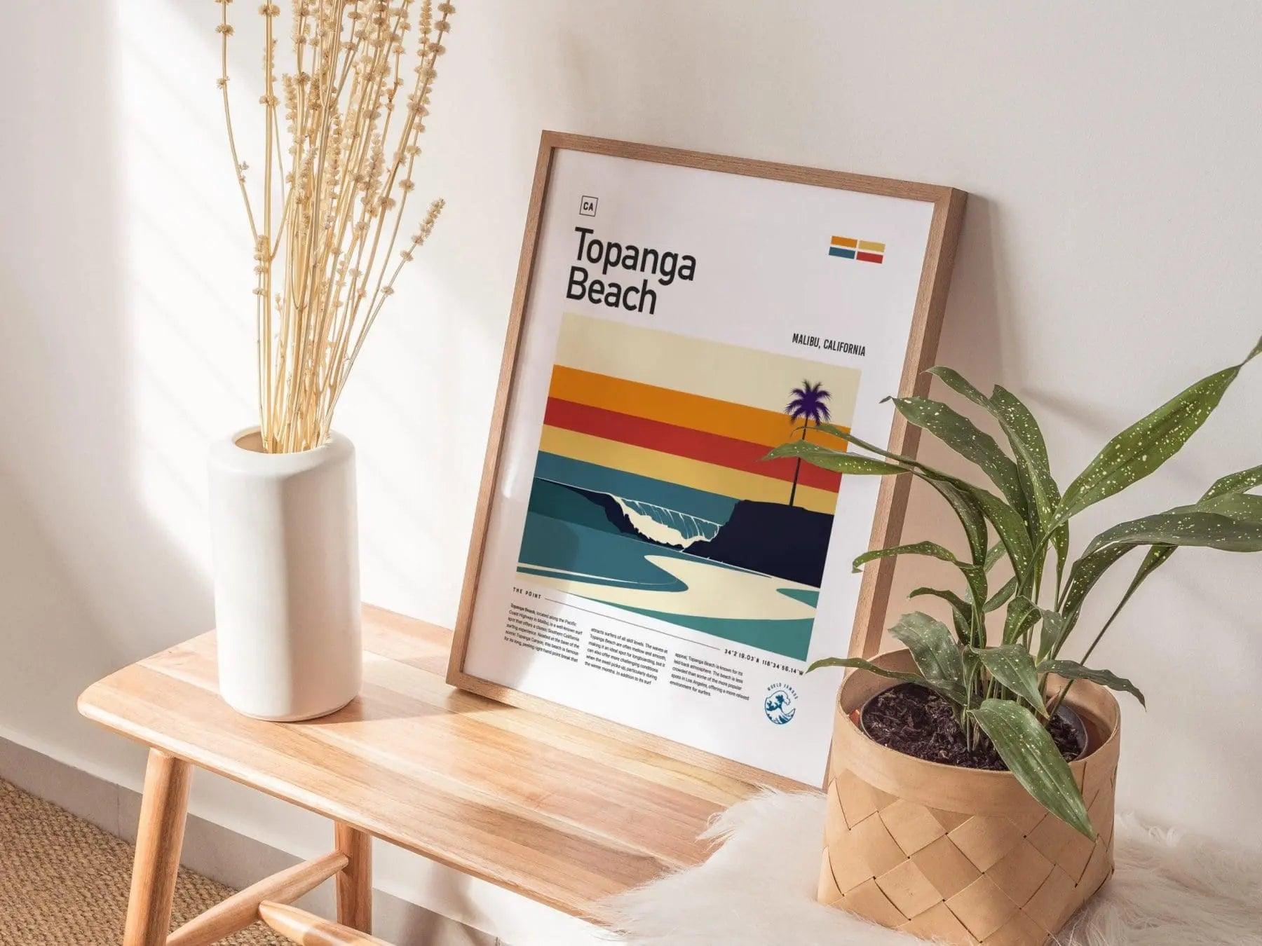 Framed Topanga Beach poster with ocean and sandstone cliffs