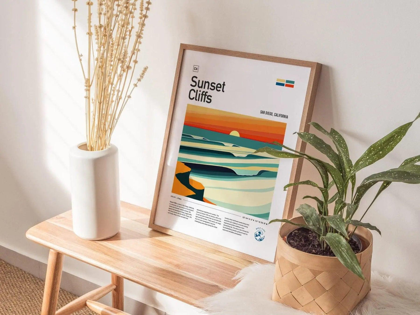 Sunset Cliffs Surf Spot Framed Poster, Ocean Beach California Surfer Wall Art, CA Travel Print Beach House Modern Design Surfing Wave Gift - Swell Scenes