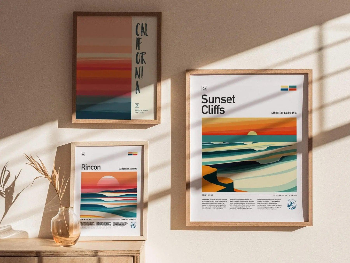 Sunset Cliffs Surf Spot Framed Poster, Ocean Beach California Surfer Wall Art, CA Travel Print Beach House Modern Design Surfing Wave Gift - Swell Scenes