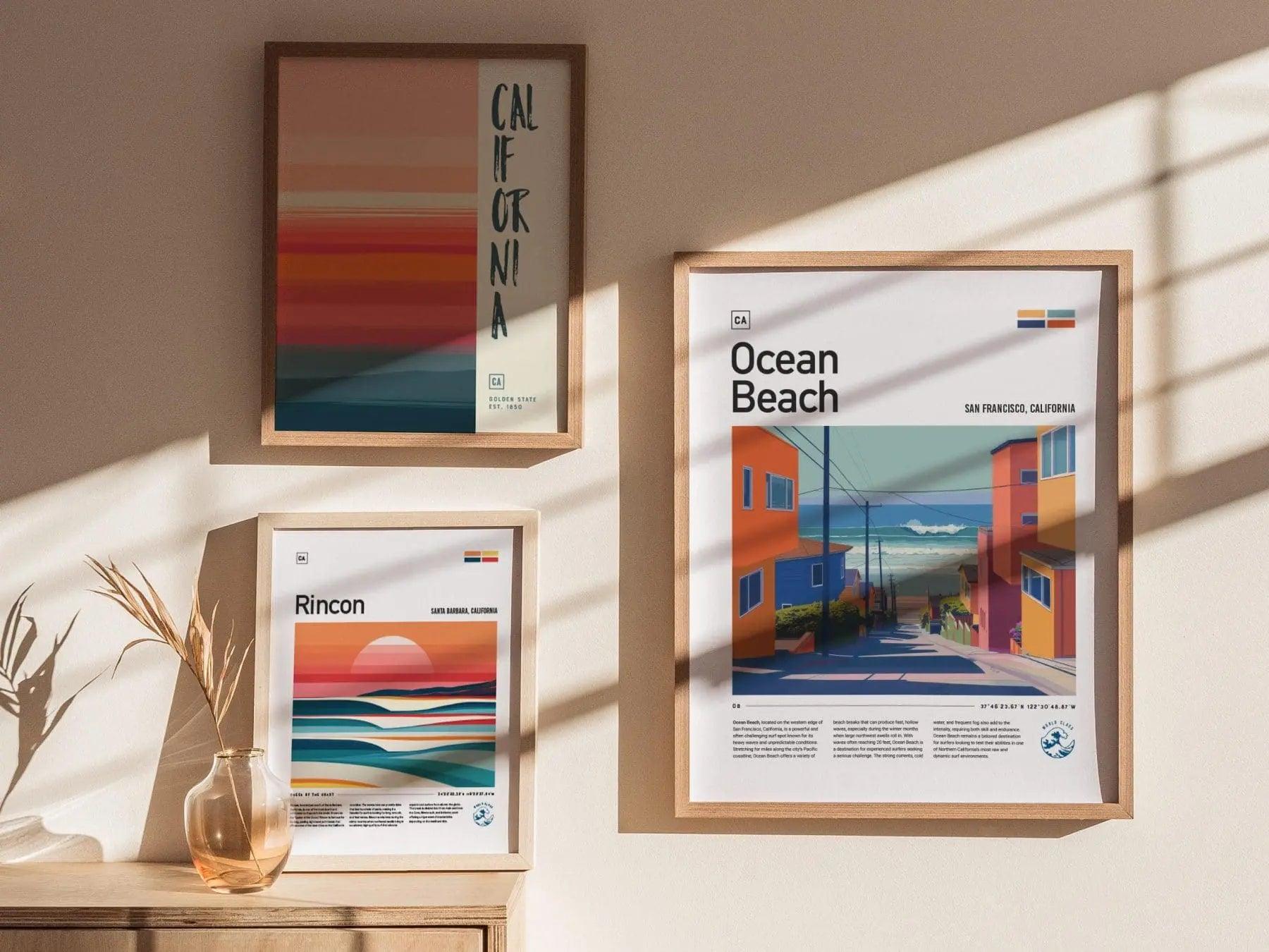 Ocean Beach Surf Spot Framed Poster, San Francisco California OB Surfer Wall Art, CA Travel Print House Modern Design Surfing Big Wave Gift - Swell Scenes