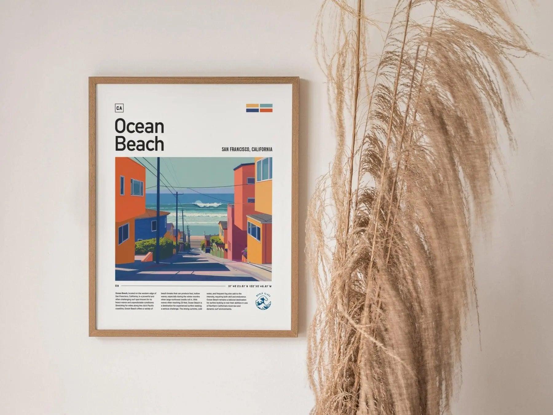Ocean Beach Surf Spot Framed Poster, San Francisco California OB Surfer Wall Art, CA Travel Print House Modern Design Surfing Big Wave Gift - Swell Scenes