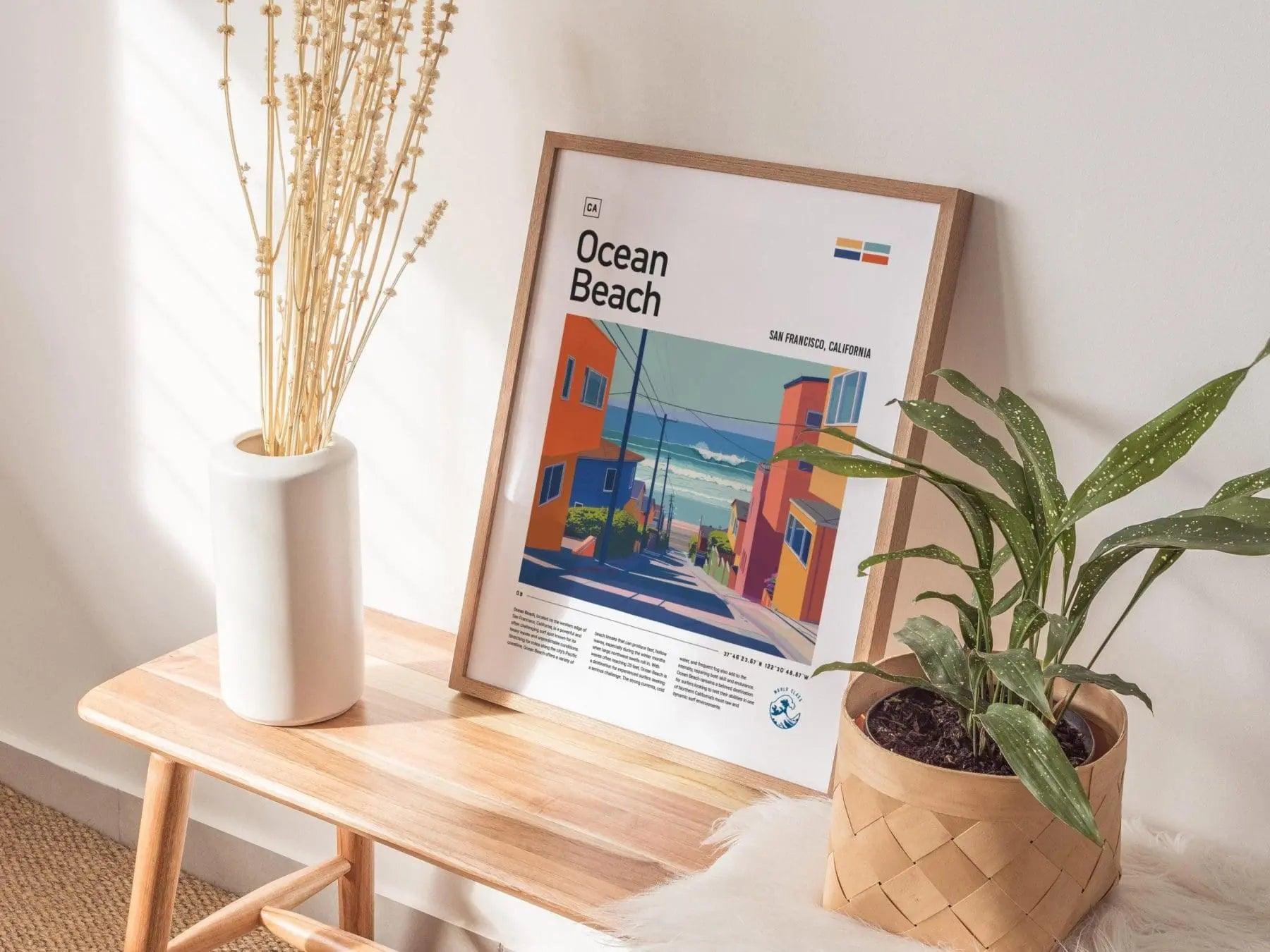 Ocean Beach Surf Spot Framed Poster, San Francisco California OB Surfer Wall Art, CA Travel Print House Modern Design Surfing Big Wave Gift - Swell Scenes