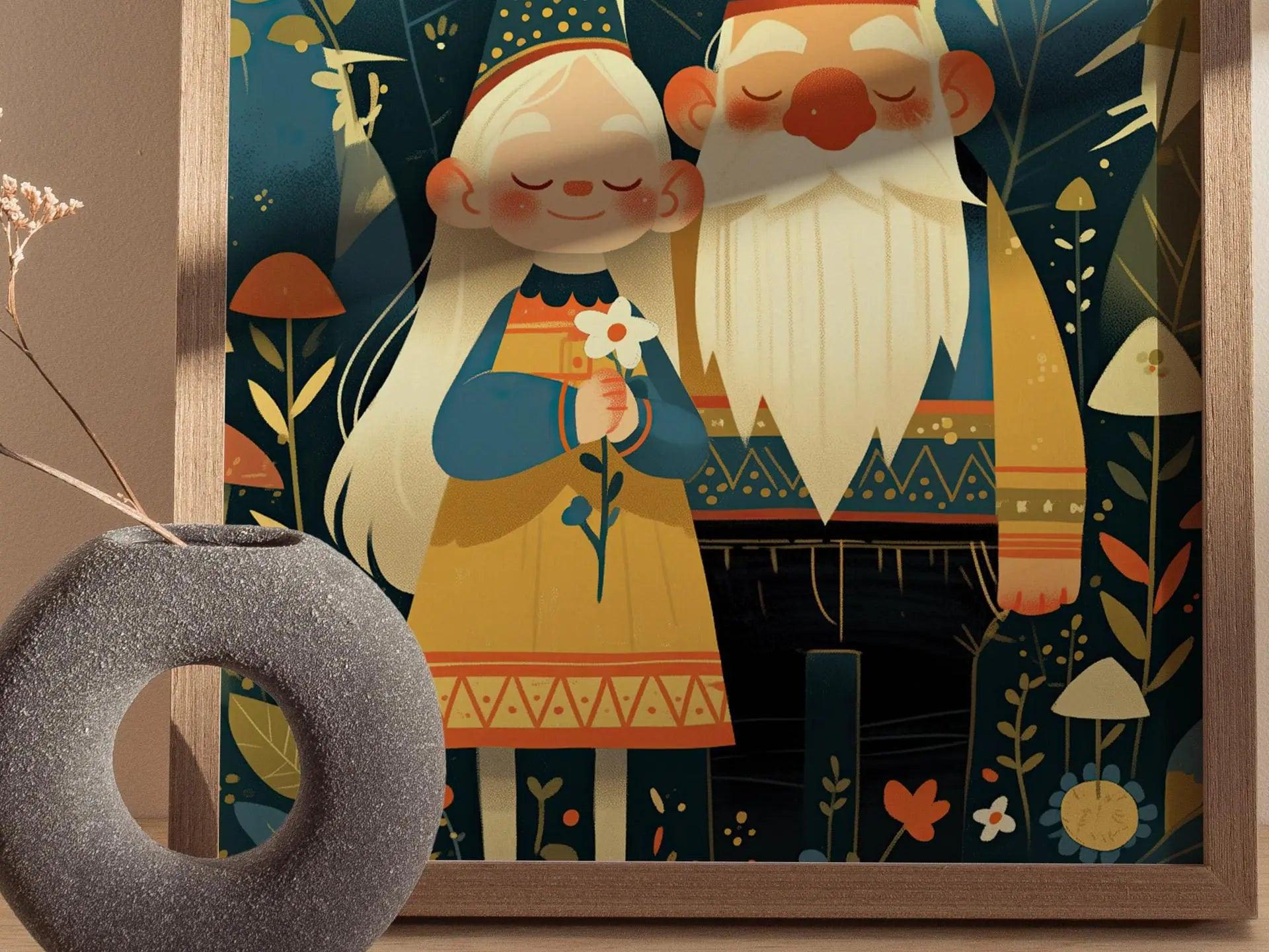 Gnome Couple Portrait Framed Wall Art Cute Garden Gnomes Poster Print Love Anniversary Cottagecore Mushroom Fantasy Forest Farm House Decor - Swell Scenes