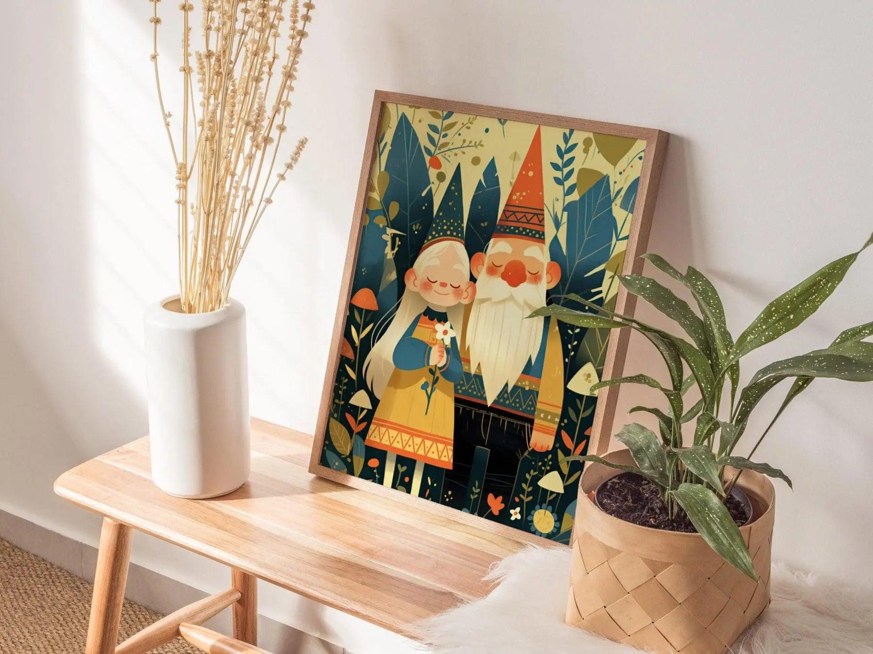 Gnome Couple Portrait Framed Wall Art Cute Garden Gnomes Poster Print Love Anniversary Cottagecore Mushroom Fantasy Forest Farm House Decor - Swell Scenes