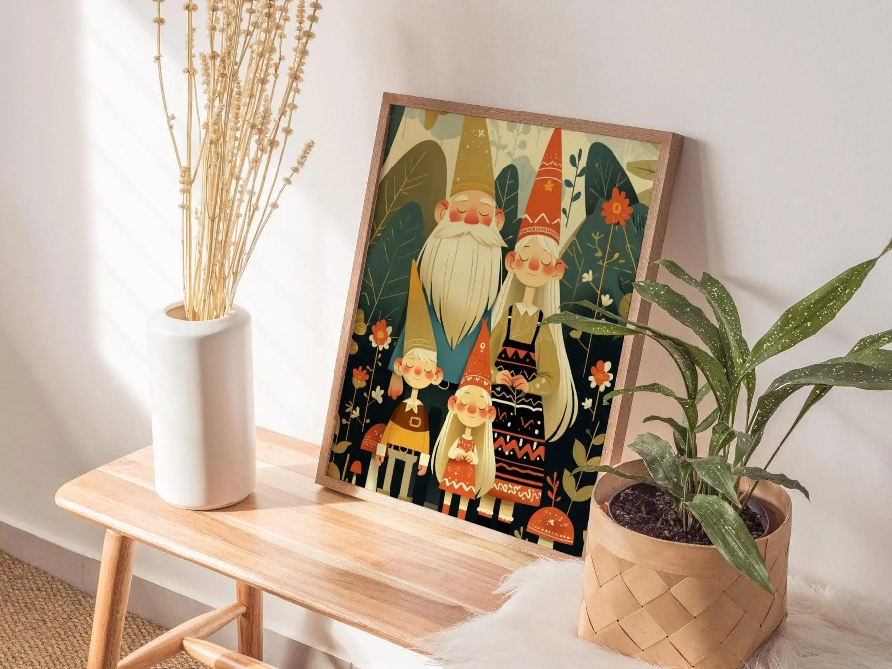 Gnome Family Portrait Framed Wall Art Cute Garden Gnomes Poster Print Hippie Folklore Cottagecore Mushroom Fantasy Forest Farm House Decor - Swell Scenes