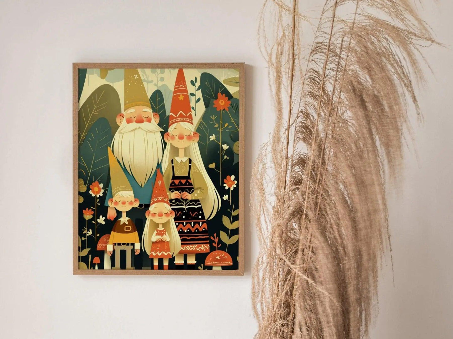 Gnome Family Portrait Framed Wall Art Cute Garden Gnomes Poster Print Hippie Folklore Cottagecore Mushroom Fantasy Forest Farm House Decor - Swell Scenes