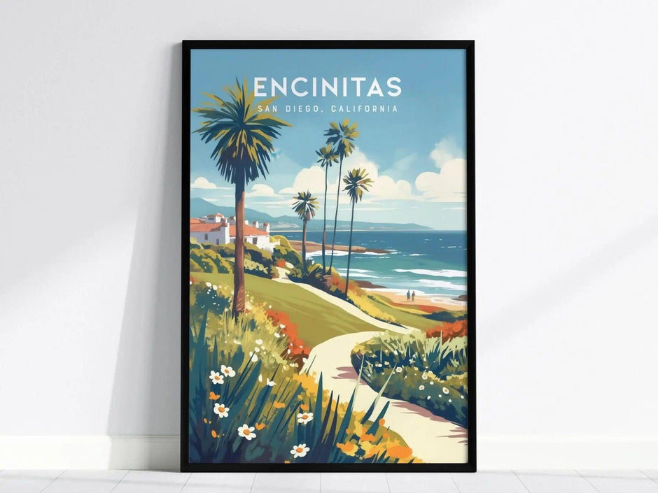 Encinitas California Framed Poster, San Diego Wall Art, SoCal Travel Print, Moonlight Beach House Modern Scenic Coastal Nature Ocean Gift - Swell Scenes