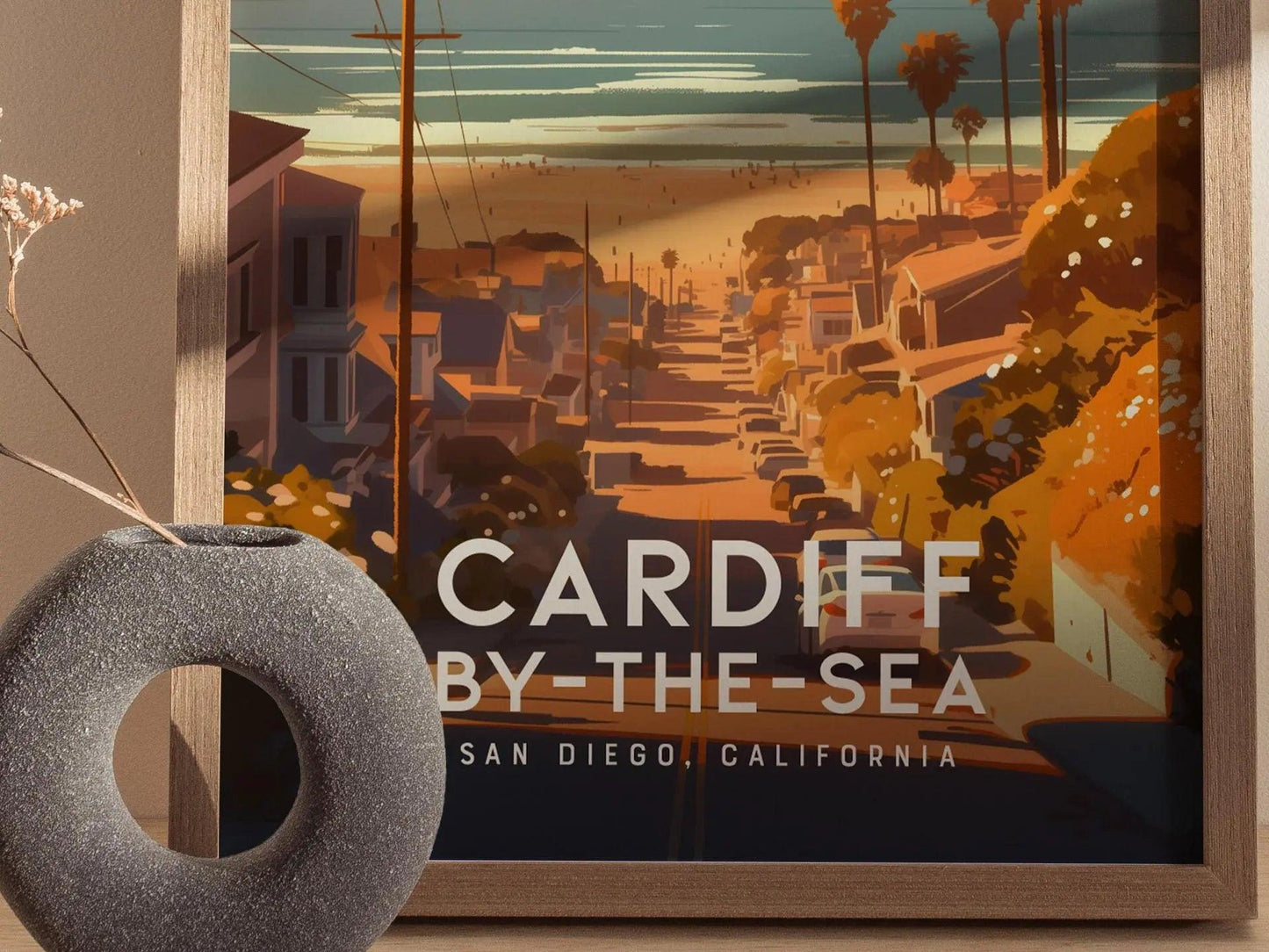 Cardiff By The Sea California Framed Poster, San Diego Wall Art, SoCal Travel Print, Beach Cottage House Modern Design Scenic Ocean Gift - Swell Scenes