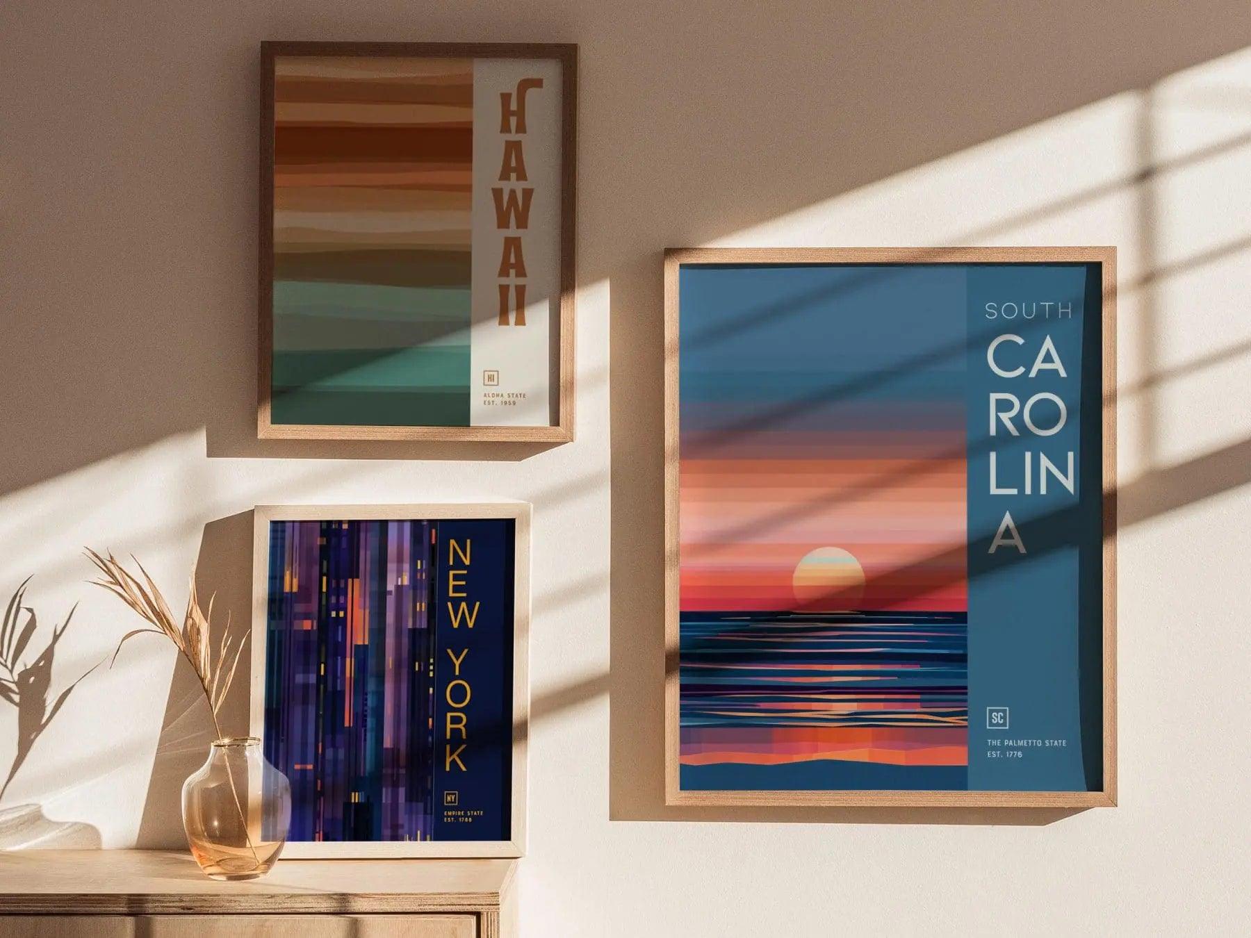 South Carolina, The Palmetto State Sunrise Poster - Abstract Landscape, Available Framed/Unframed, Perfect for Modern and Farmhouse Decor - Swell Scenes