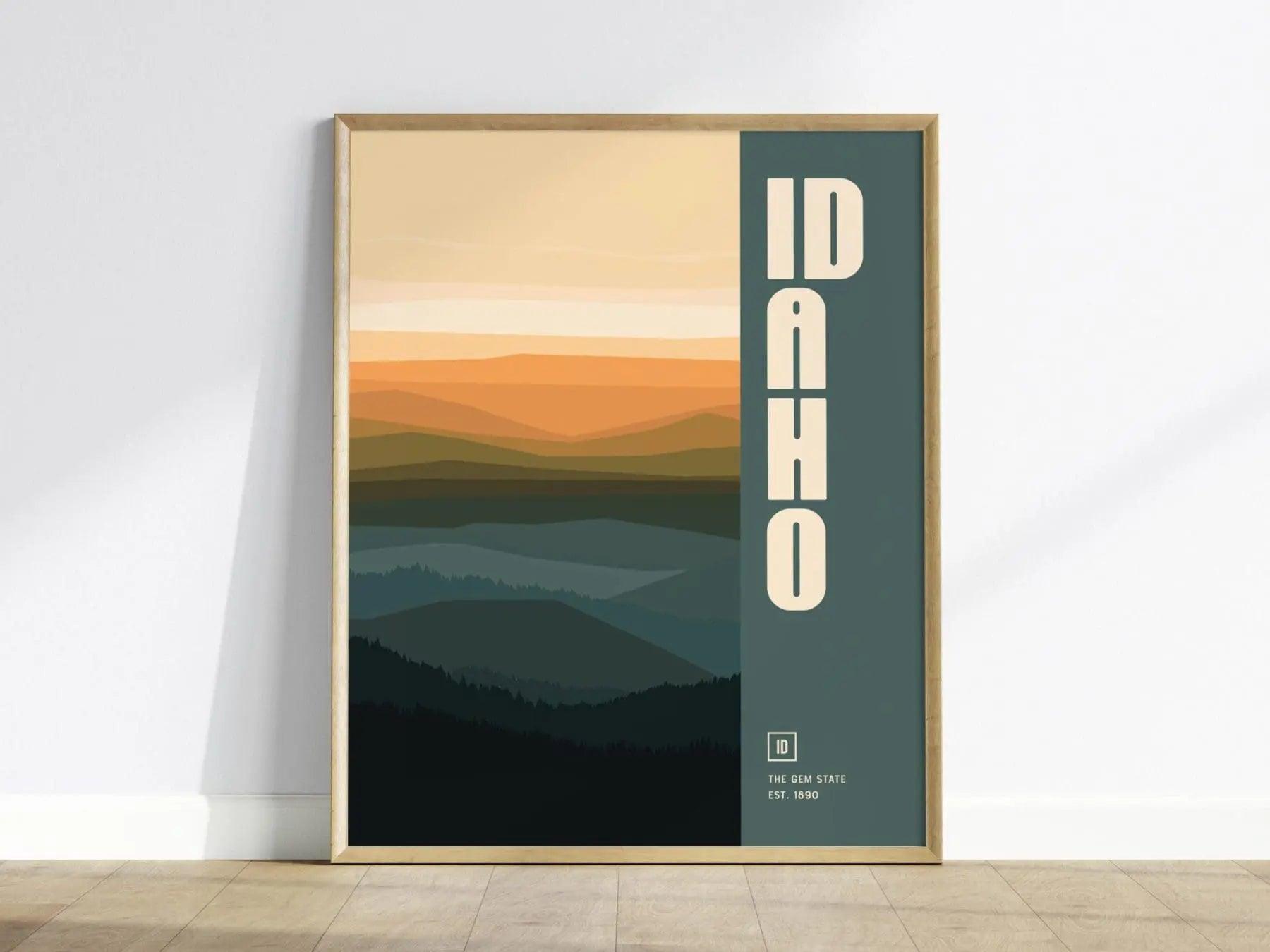 Idaho, The Gem State Abstract Art Poster - Modern Home Decor in Oranges and Blues, Perfect for Minimalist Interiors, Chic Home Decor - Swell Scenes
