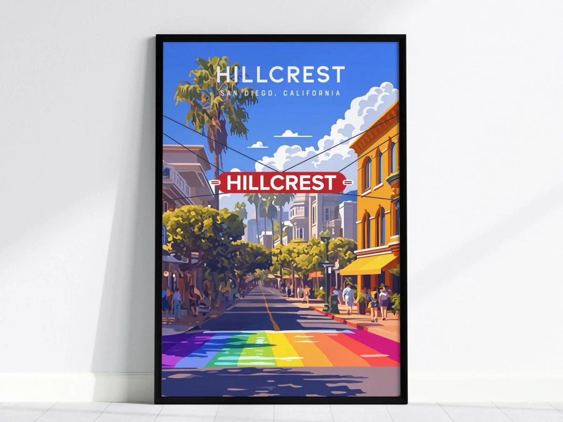 Hillcrest San Diego California Framed Poster, LGBTQ Pride Wall Art, SoCal Travel Print, Downtown SD CA Rainbow Gay Fabulous City Modern Gift - Swell Scenes