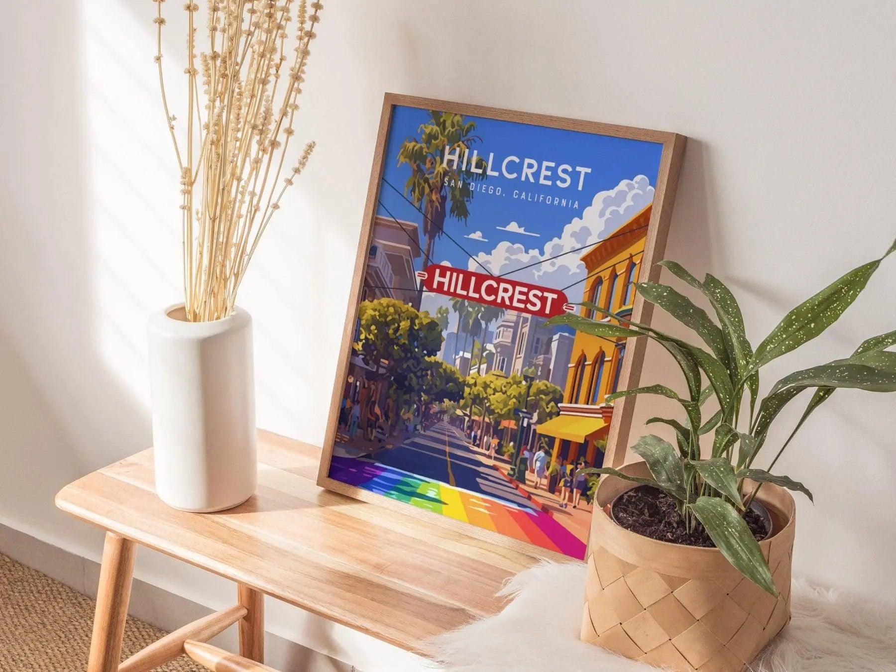 Hillcrest San Diego California Framed Poster, LGBTQ Pride Wall Art, SoCal Travel Print, Downtown SD CA Rainbow Gay Fabulous City Modern Gift - Swell Scenes