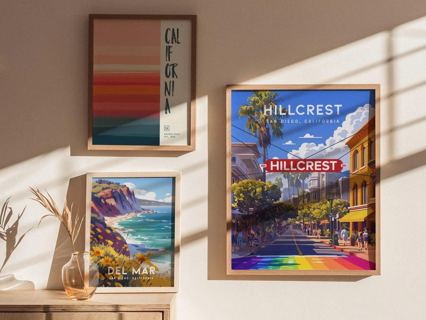 Hillcrest San Diego California Framed Poster, LGBTQ Pride Wall Art, SoCal Travel Print, Downtown SD CA Rainbow Gay Fabulous City Modern Gift - Swell Scenes