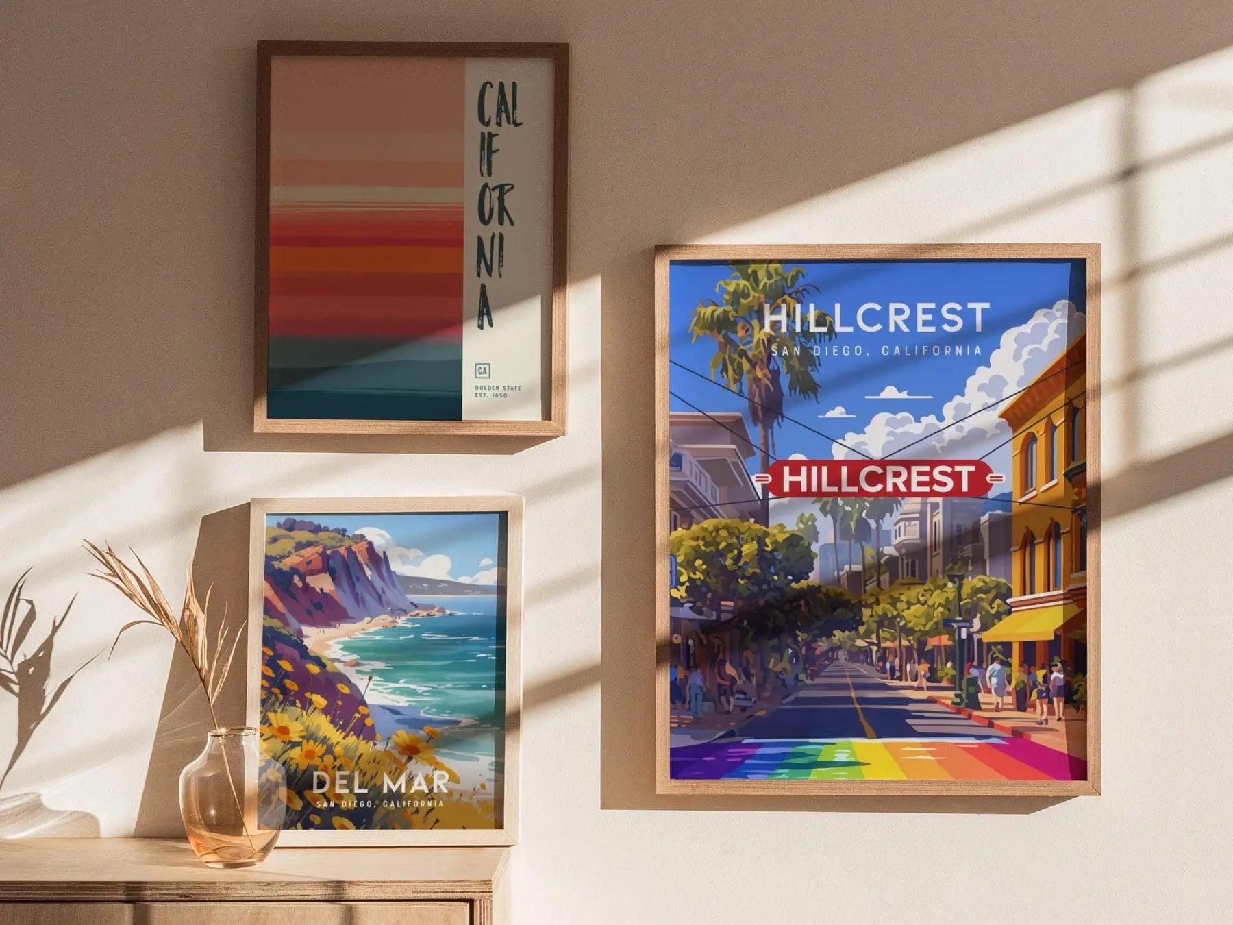 Hillcrest San Diego California Framed Poster, LGBTQ Pride Wall Art, SoCal Travel Print, Downtown SD CA Rainbow Gay Fabulous City Modern Gift - Swell Scenes