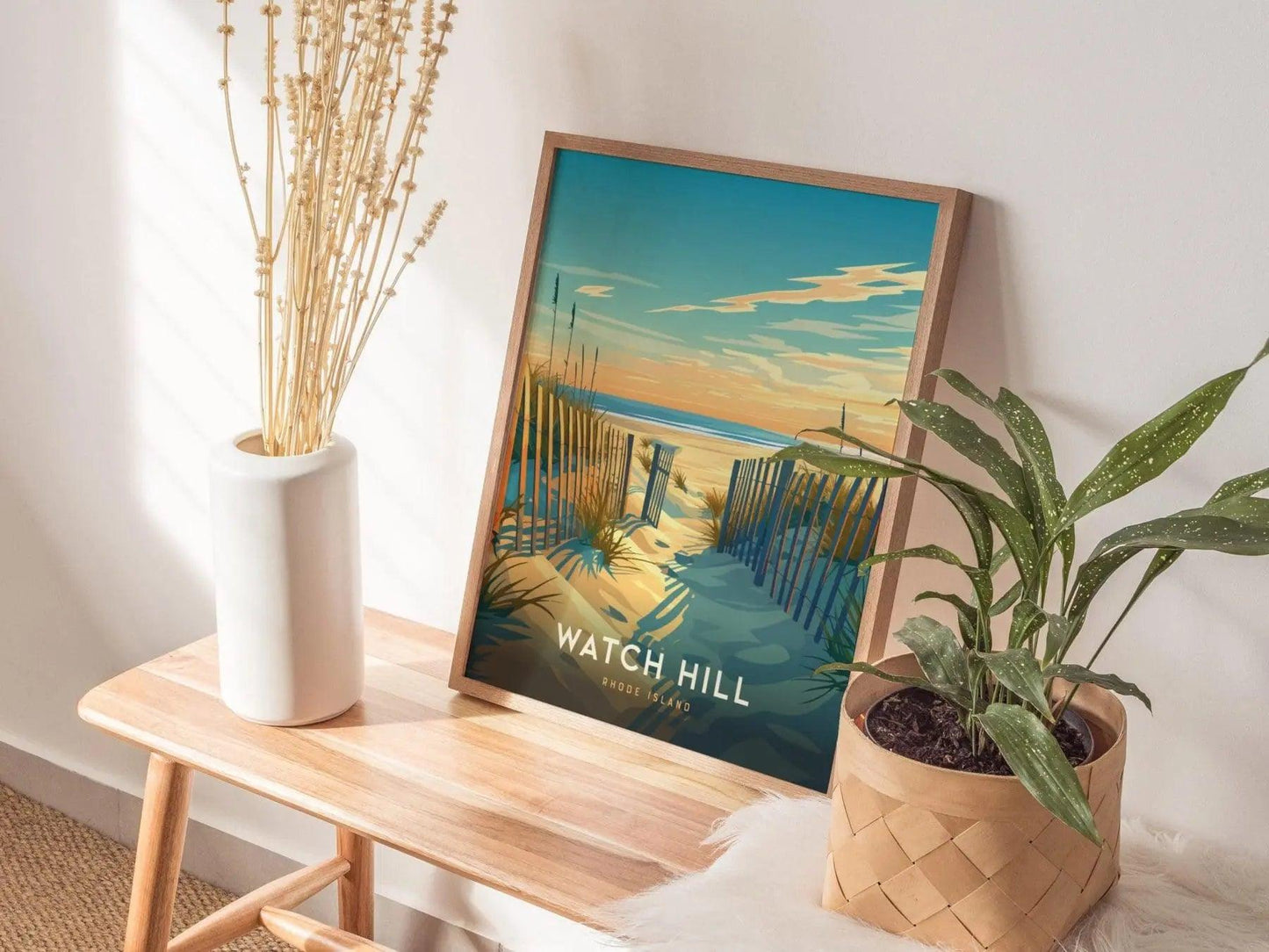 Watch Hill beach poster in white frame featuring Rhode Island seaside village with pristine sand and calm waters