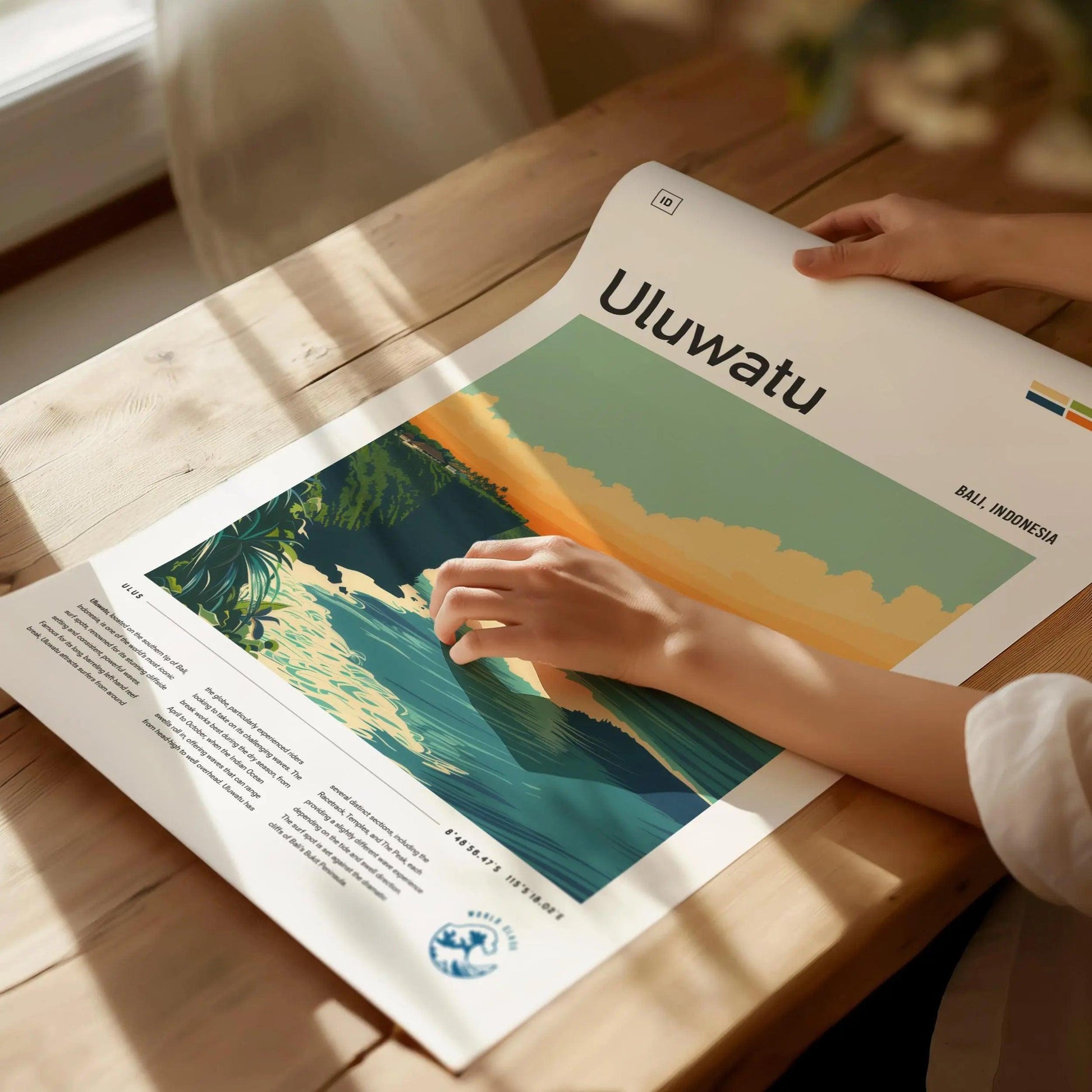Unframed Uluwatu Bali surf print on premium paper with Indonesia wave and limestone cliff minimalist design