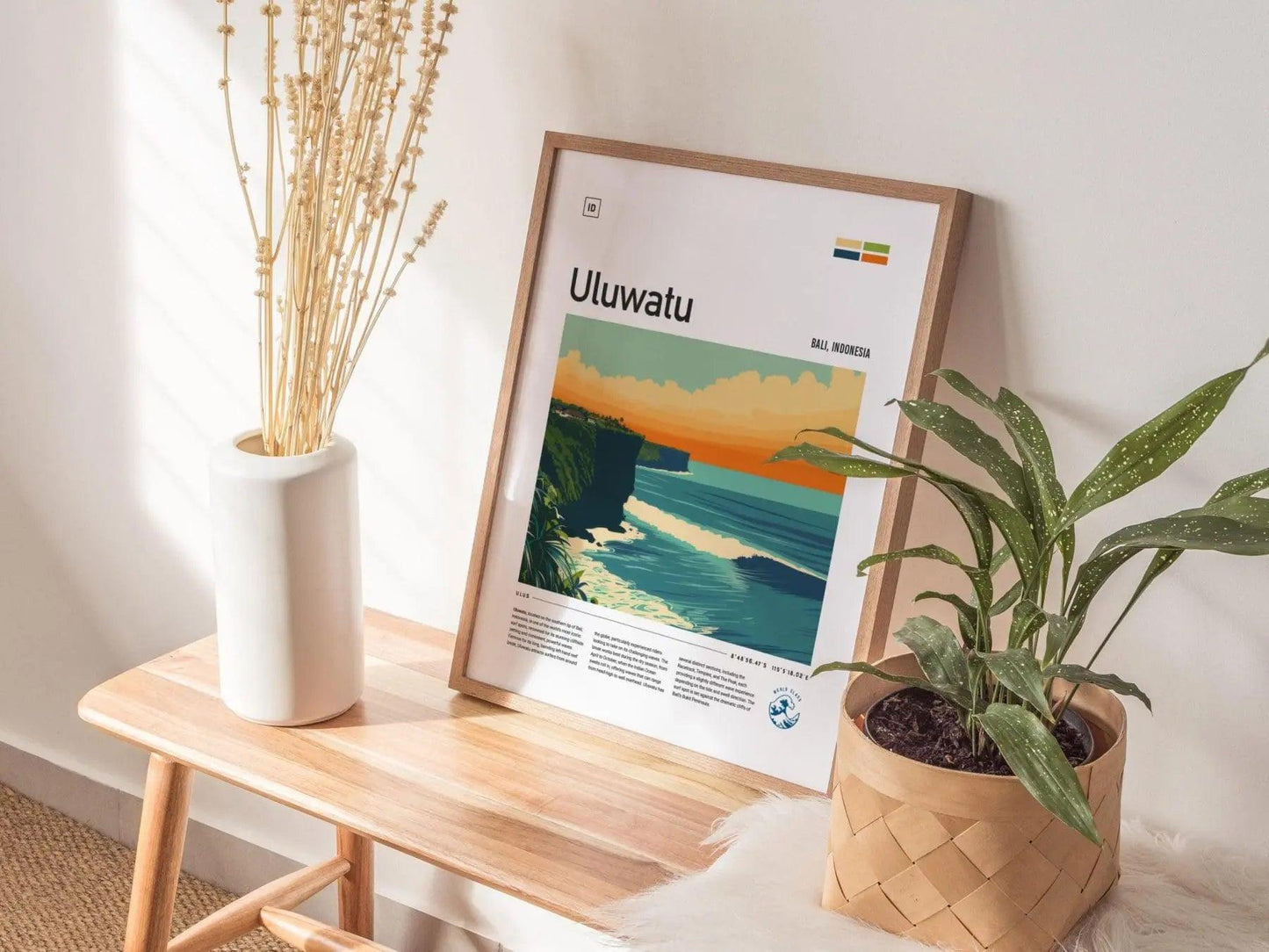 Uluwatu Bali surf poster featuring Indonesia legendary left-hand reef break with limestone cliffs surfing wall art