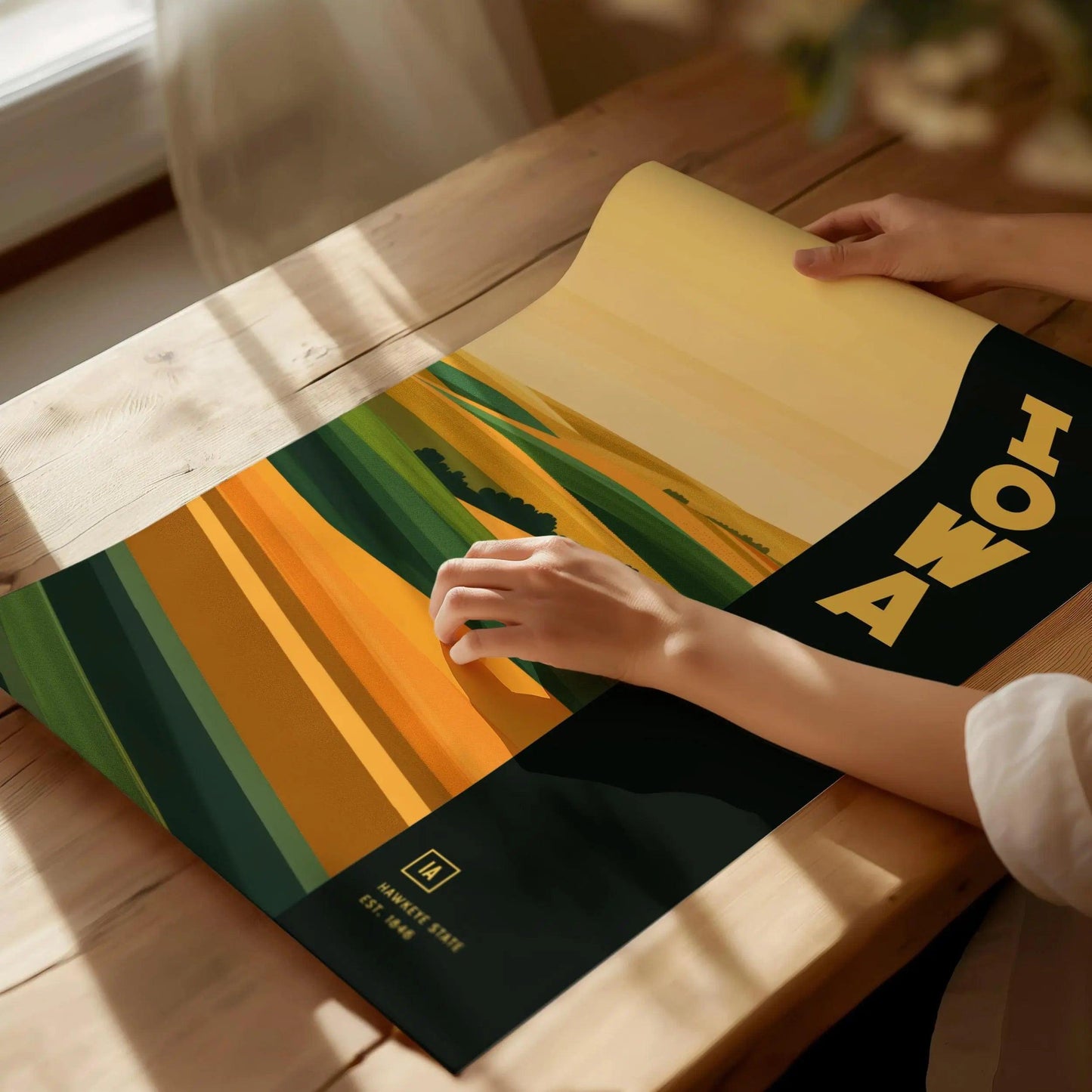 Iowa, The Hawkeye State Poster - Abstract Rolling Hills Landscape, Available Framed/Unframed, Perfect for Home Decor, Great Iowa State Gift - Swell Scenes