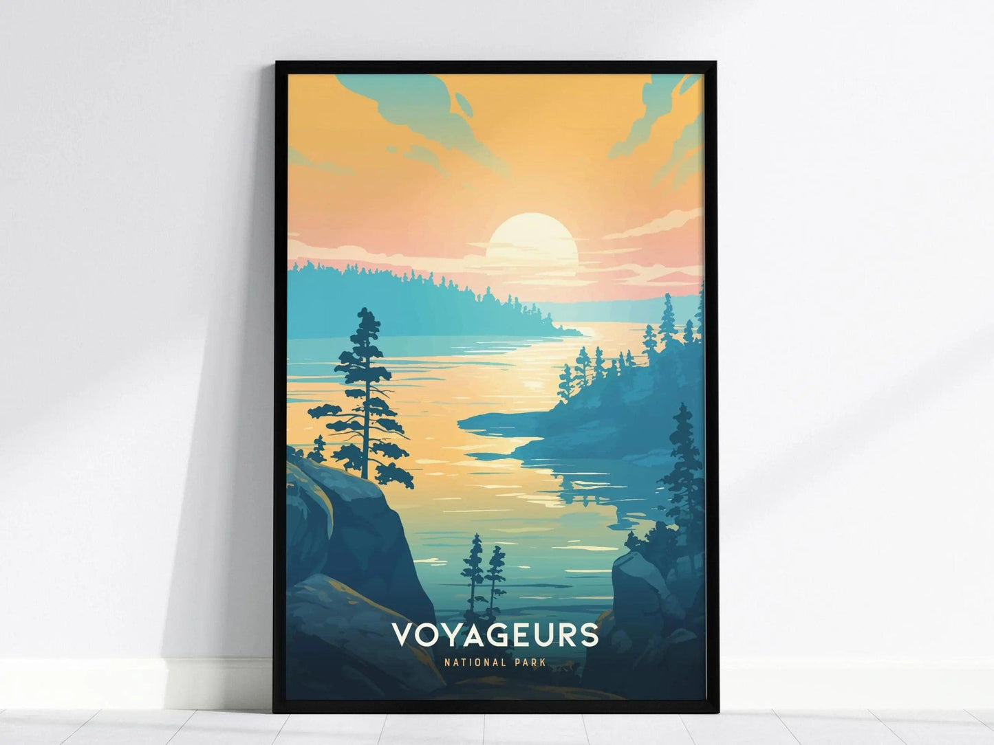Voyageurs National Park poster in black wood frame showing Minnesota lake country with voyageur water wilderness and forest