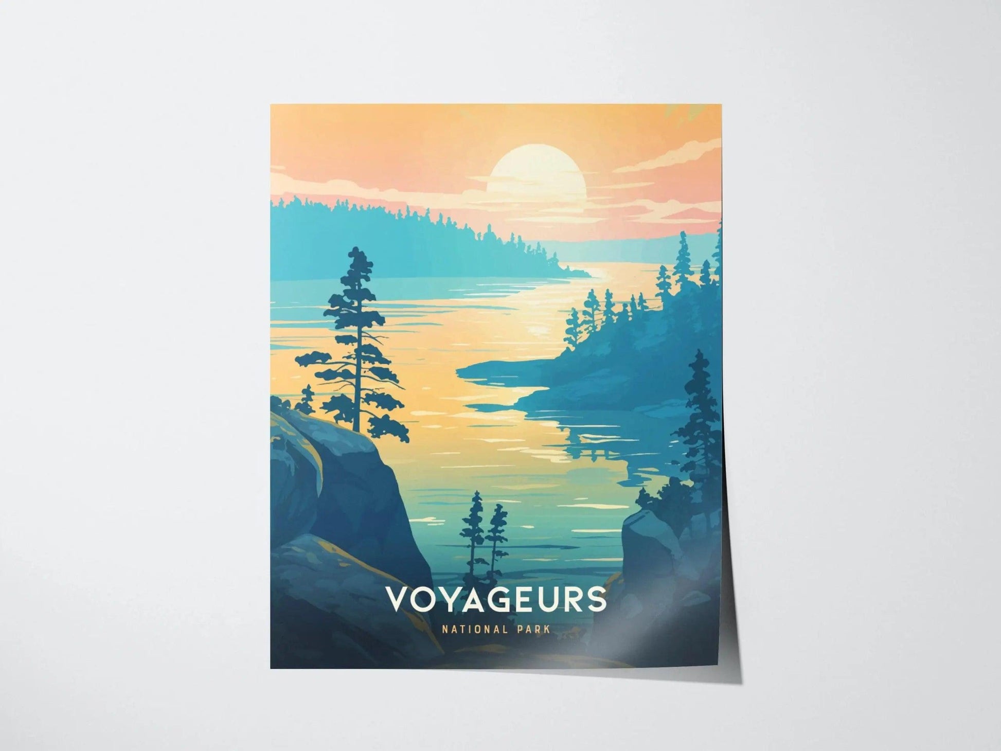 Voyageurs National Park Minnesota art displayed in cabin with North Woods lake island wilderness and boreal forest poster