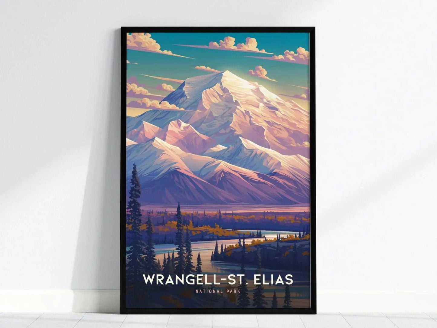 Wrangell-St. Elias National Park poster in white frame featuring majestic Alaska peaks and untamed wilderness