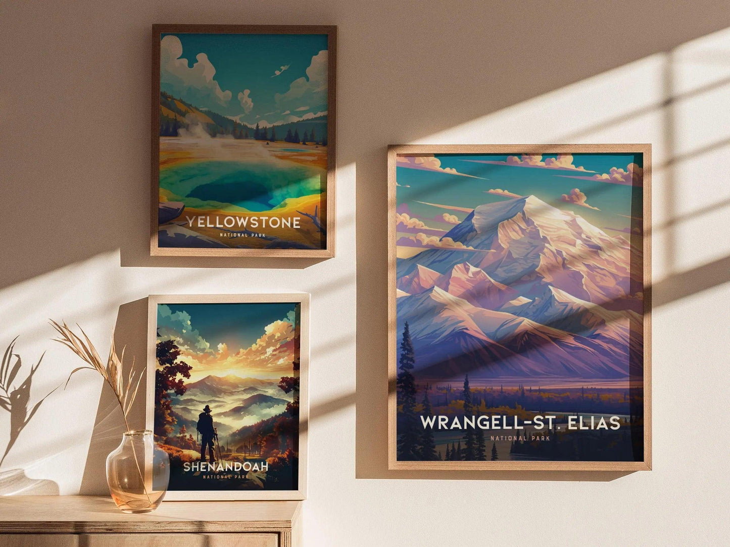 Alaska national park wall art poster displayed in rustic cabin interior with Wrangell-St. Elias mountain scenery