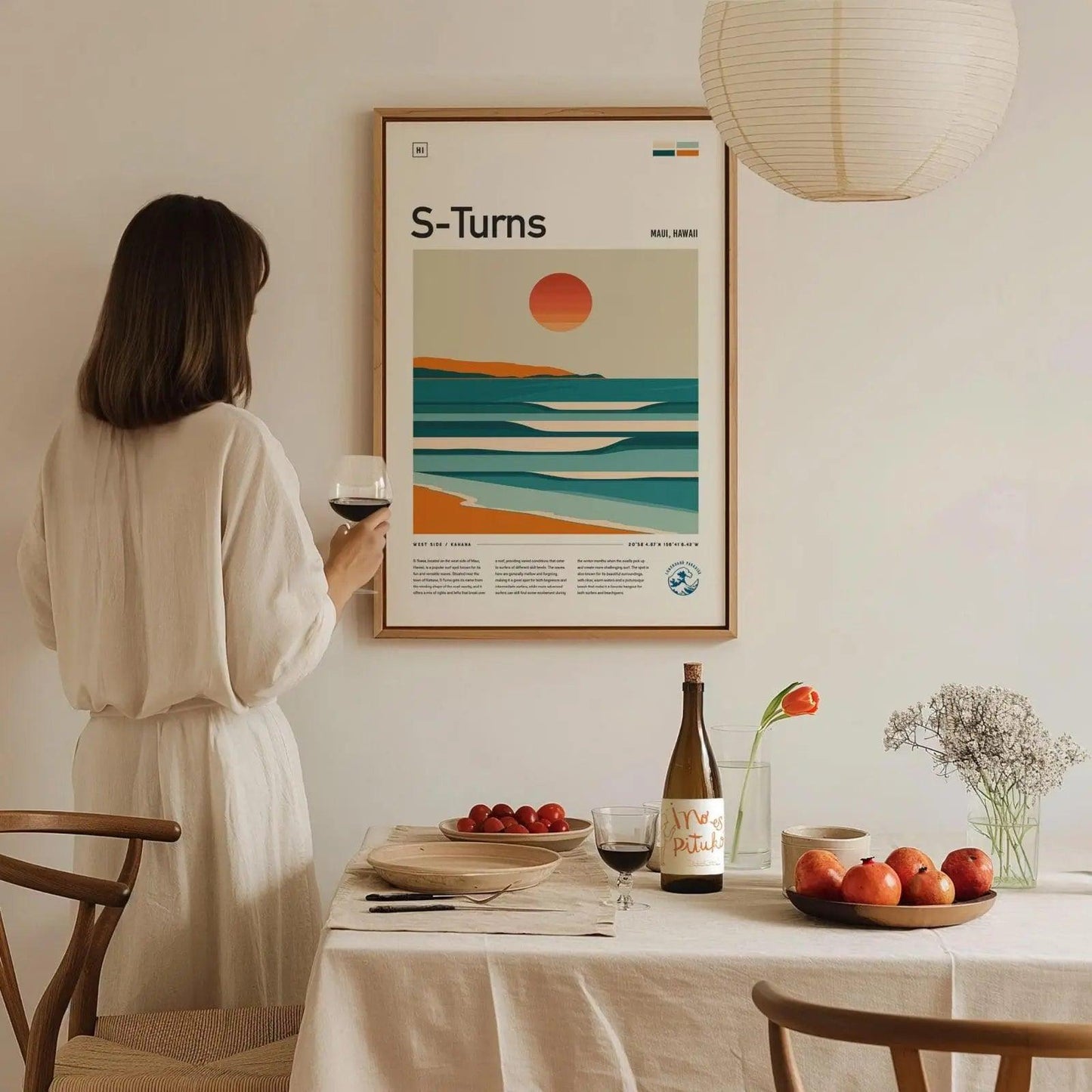 S-Turns Maui Surf Spot Framed Poster, Kahana Beach Travel Print, Hawaii Surfer Home Decor, Longboard Surfing Wave Wall Art Design Gift Set - Swell Scenes