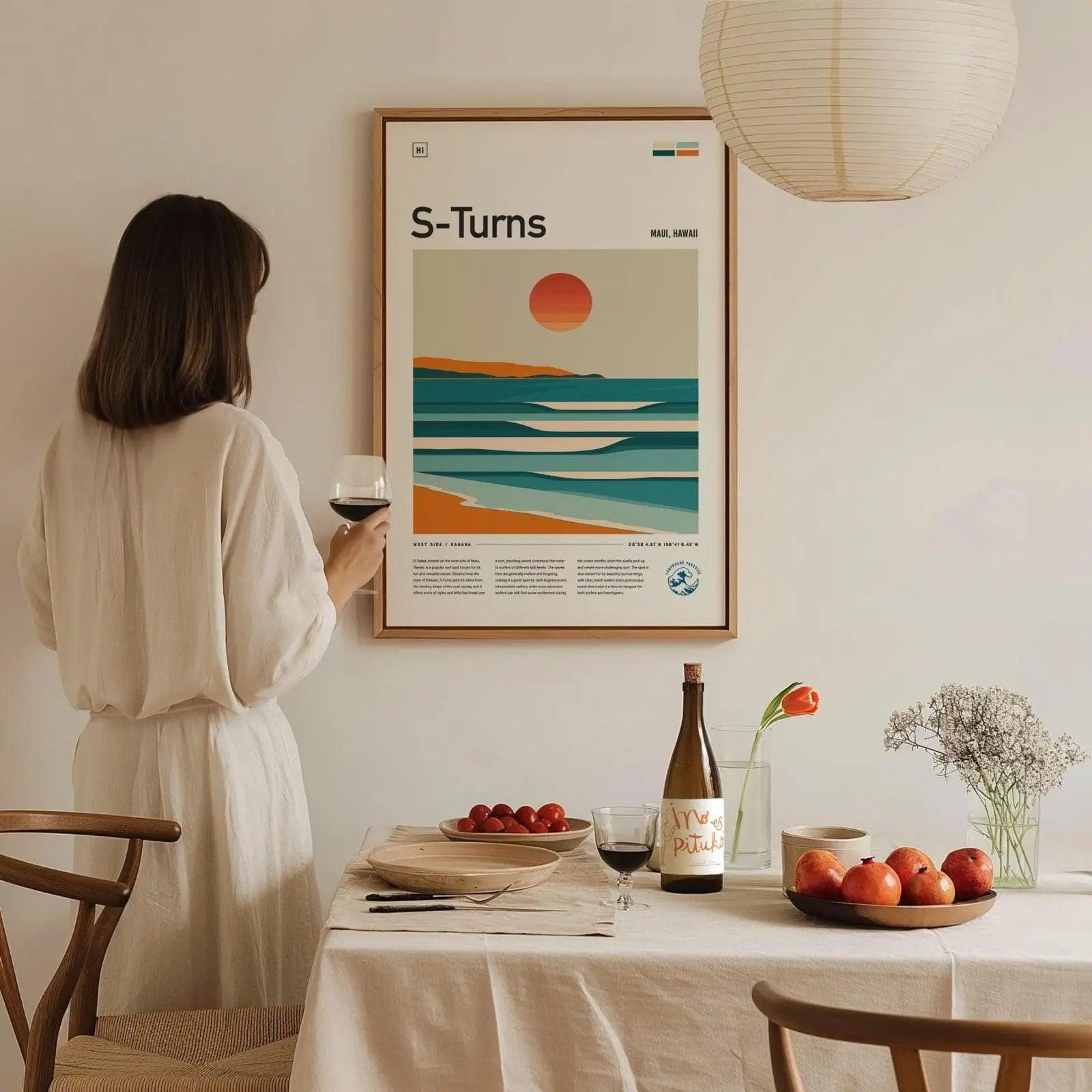 S-Turns Maui Surf Spot Framed Poster, Kahana Beach Travel Print, Hawaii Surfer Home Decor, Longboard Surfing Wave Wall Art Design Gift Set - Swell Scenes