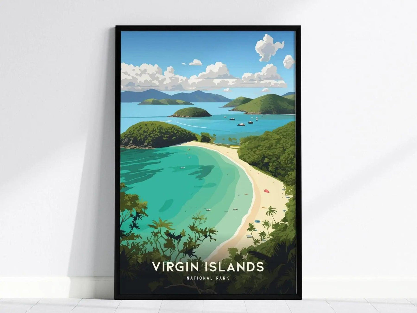 Virgin Islands NP Trunk Bay poster in black frame showing tropical Caribbean beach with snorkel trail waters