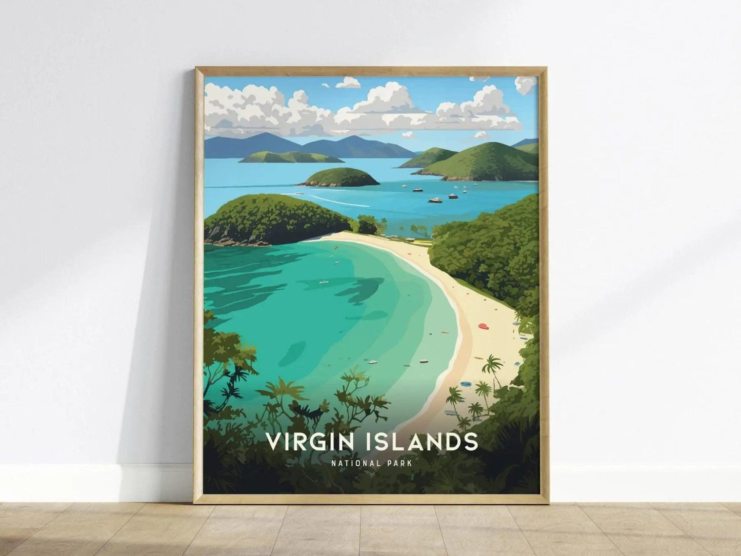 Virgin Islands National Park poster featuring Trunk Bay St. John with turquoise Caribbean waters and white sand beach