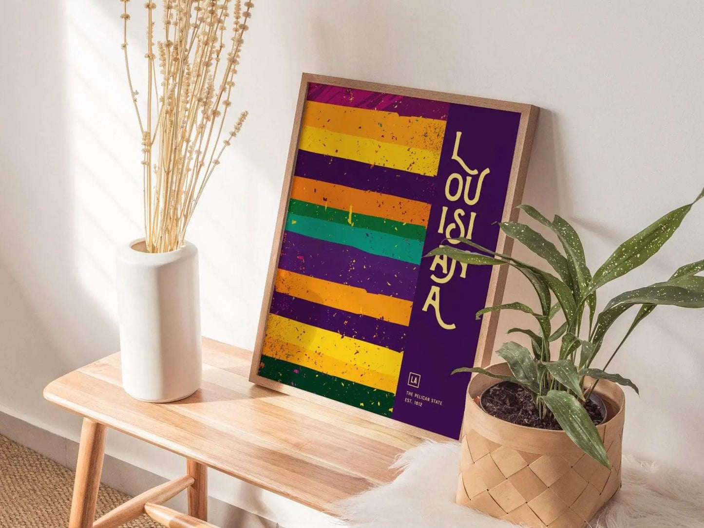 Louisiana, The Pelican State Poster - Vibrant Jazz and Mardi Gras Abstract Art, Framed/Unframed, Great Gift for Jazz Fans, Mardi Gras Decor - Swell Scenes