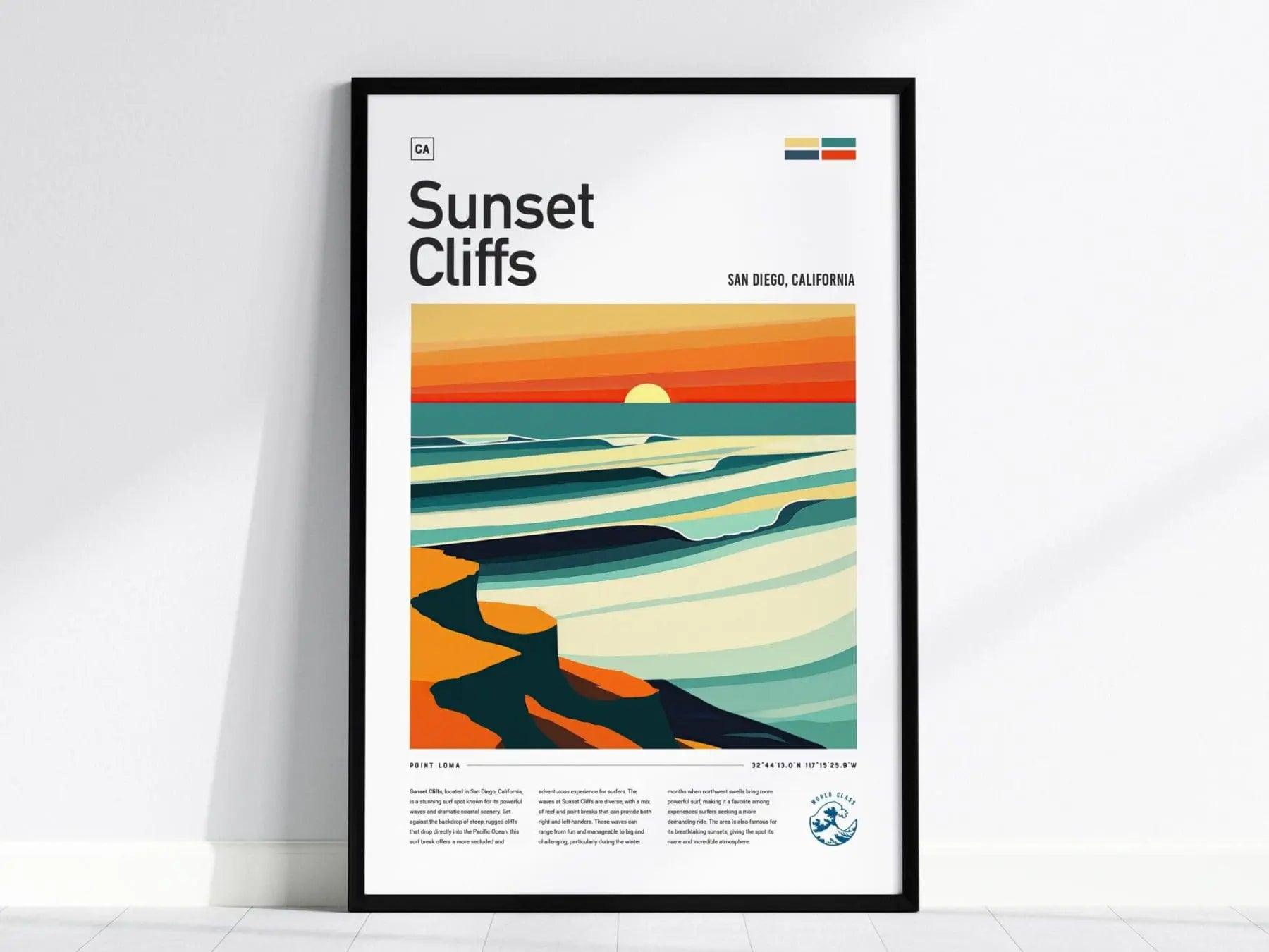 Sunset Cliffs Surf Spot Framed Poster, Ocean Beach California Surfer Wall Art, CA Travel Print Beach House Modern Design Surfing Wave Gift - Swell Scenes