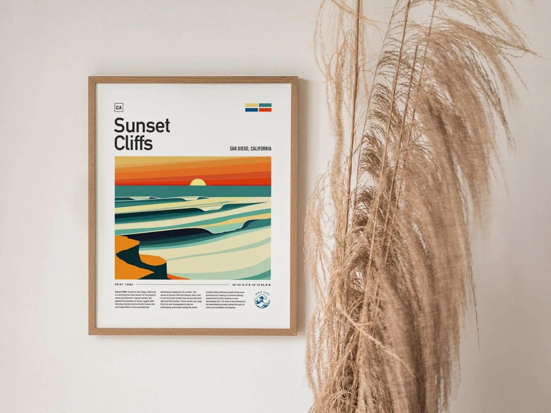 Sunset Cliffs Surf Spot Framed Poster, Ocean Beach California Surfer Wall Art, CA Travel Print Beach House Modern Design Surfing Wave Gift - Swell Scenes