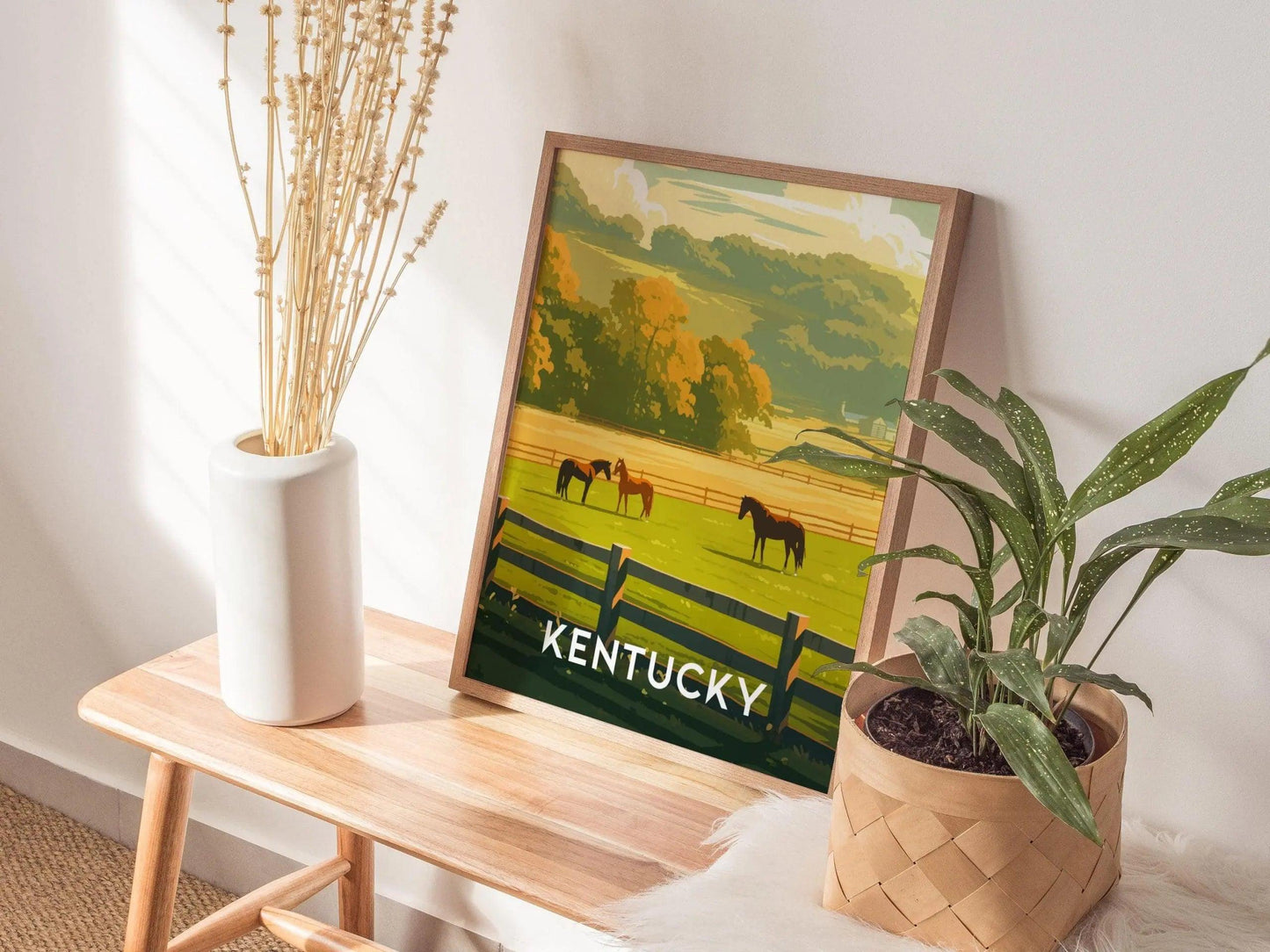 Kentucky State Poster Pasture Bourbon Distillery Wall Art - KY Derby Horses Travel Poster Print Southeast Nature Cottagecore Country Gift - Swell Scenes
