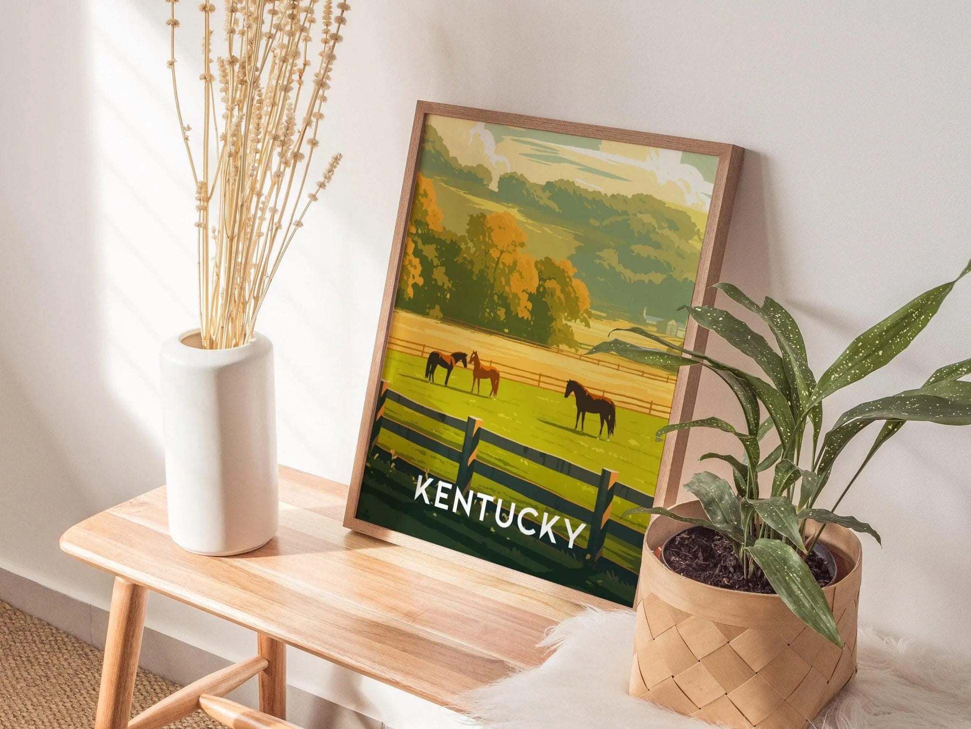 Kentucky State Poster Pasture Bourbon Distillery Wall Art - KY Derby Horses Travel Poster Print Southeast Nature Cottagecore Country Gift - Swell Scenes
